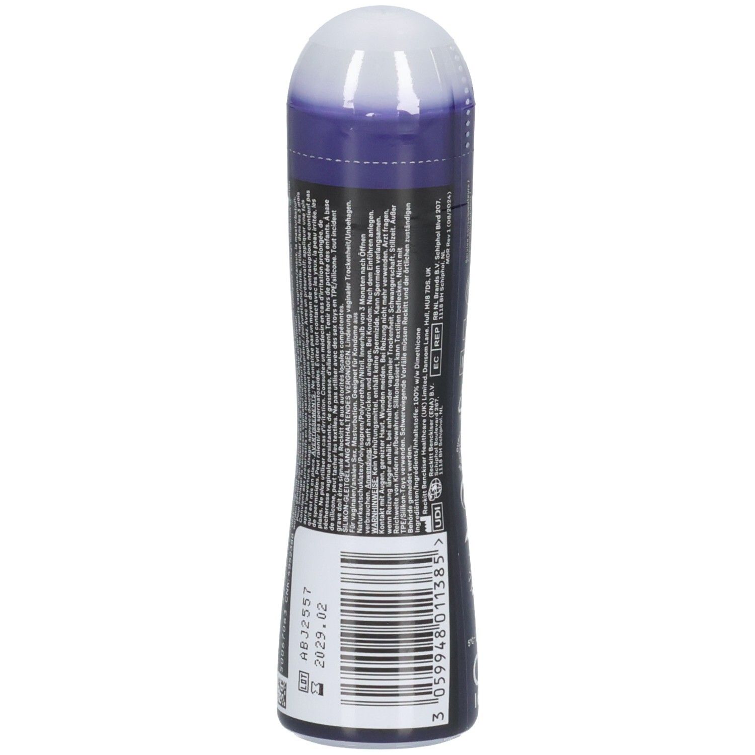 Achterkant van de fles met tekst. Barcode en vervaldatum 2029.02.