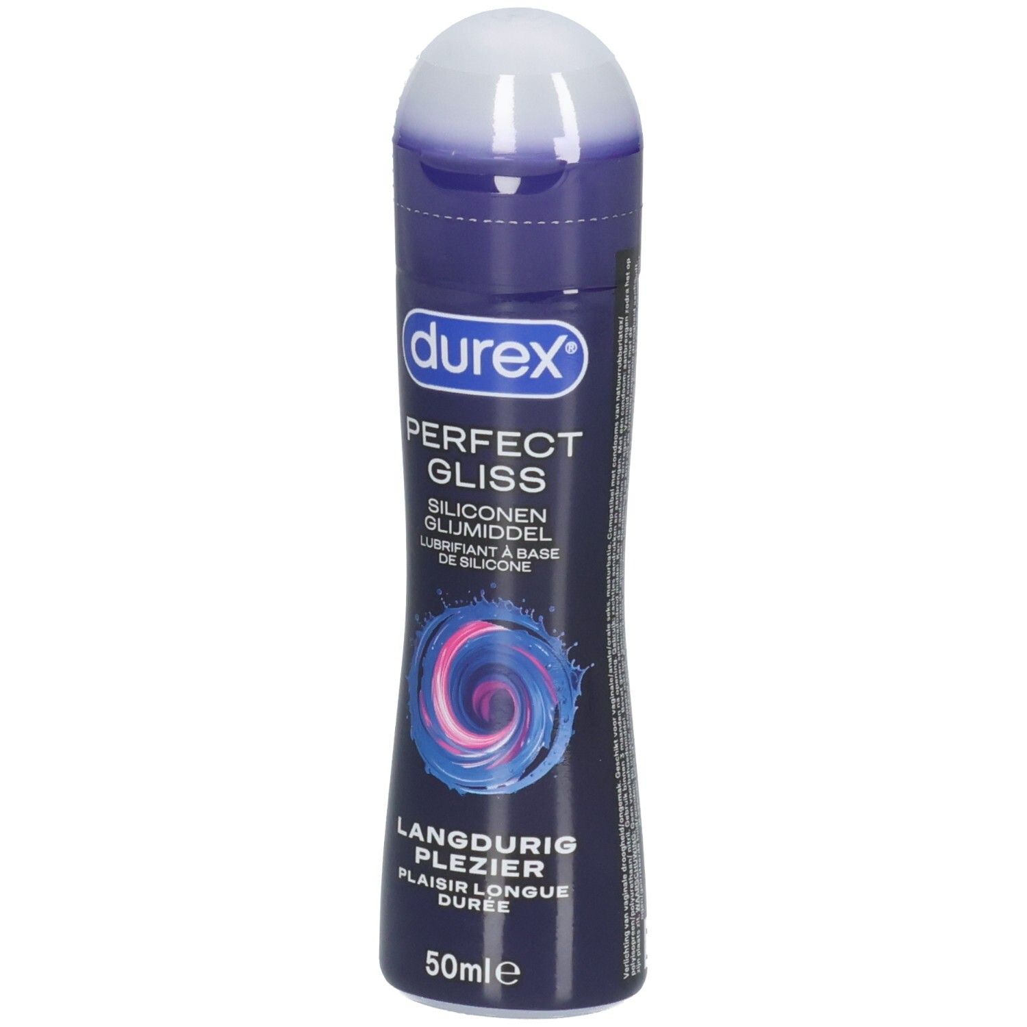 Donkerblauwe fles met witte dop. Opschrift: Durex Perfect Gliss. Bevat 50ml. Siliconen glijmiddel.