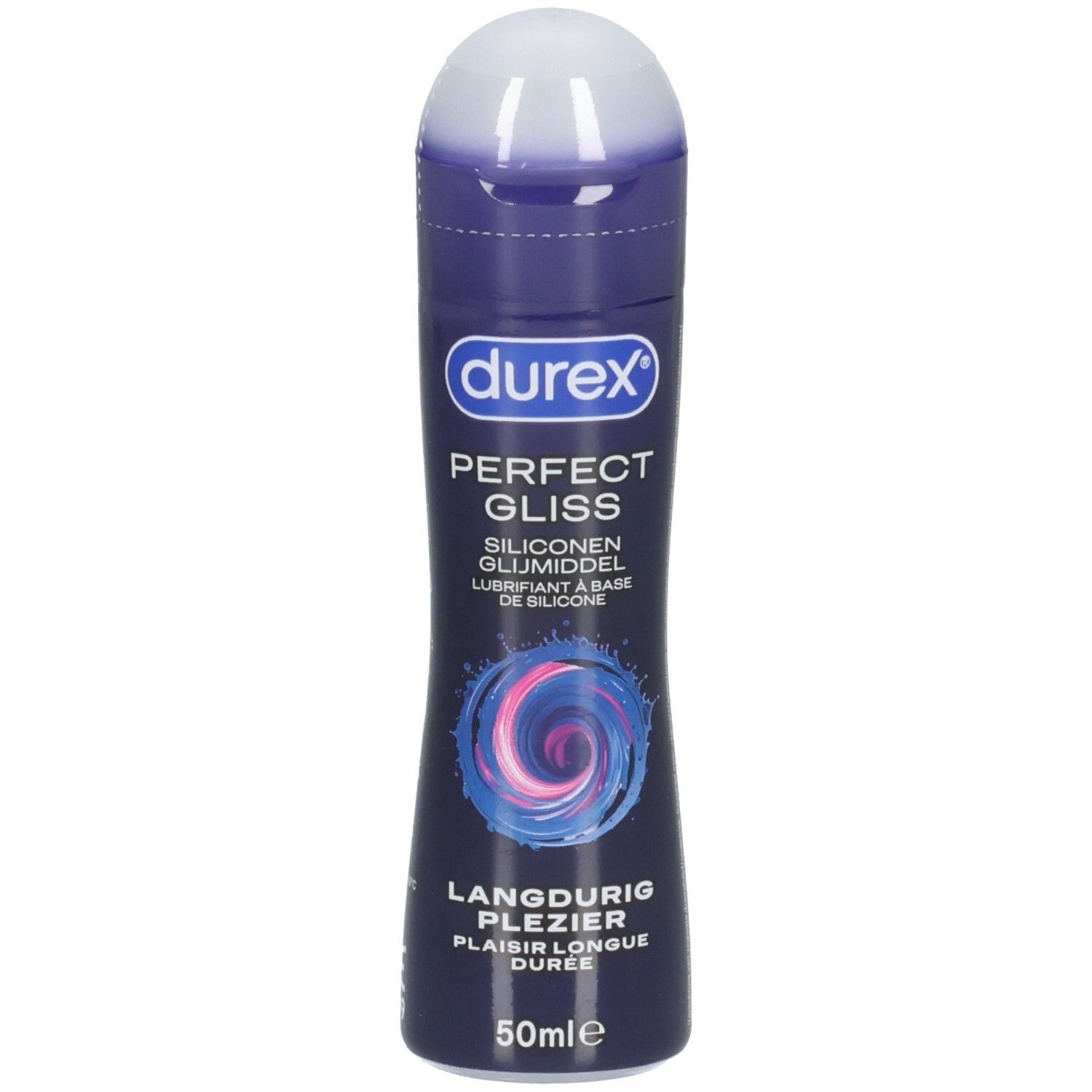 Donkerblauwe fles met witte dop. Opschrift: Durex Perfect Gliss. Bevat 50ml. Siliconen glijmiddel.