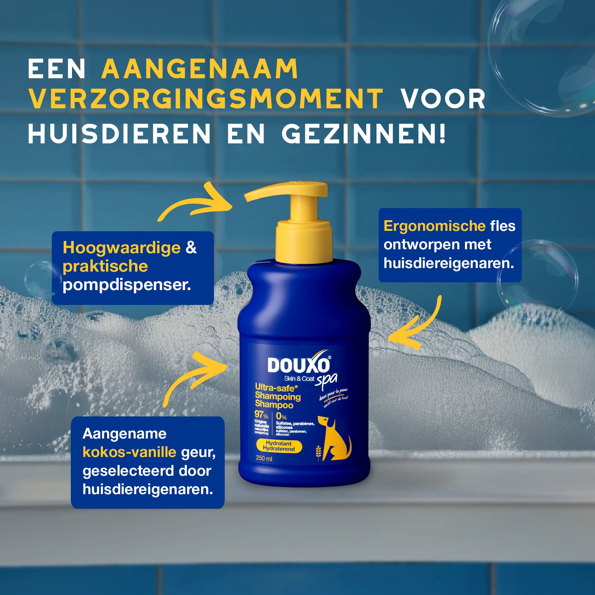 Drie honden in verschillende fasen van verzorging. Tekst: Een gezonde huid en stralende vacht in 3 eenvoudige stappen.