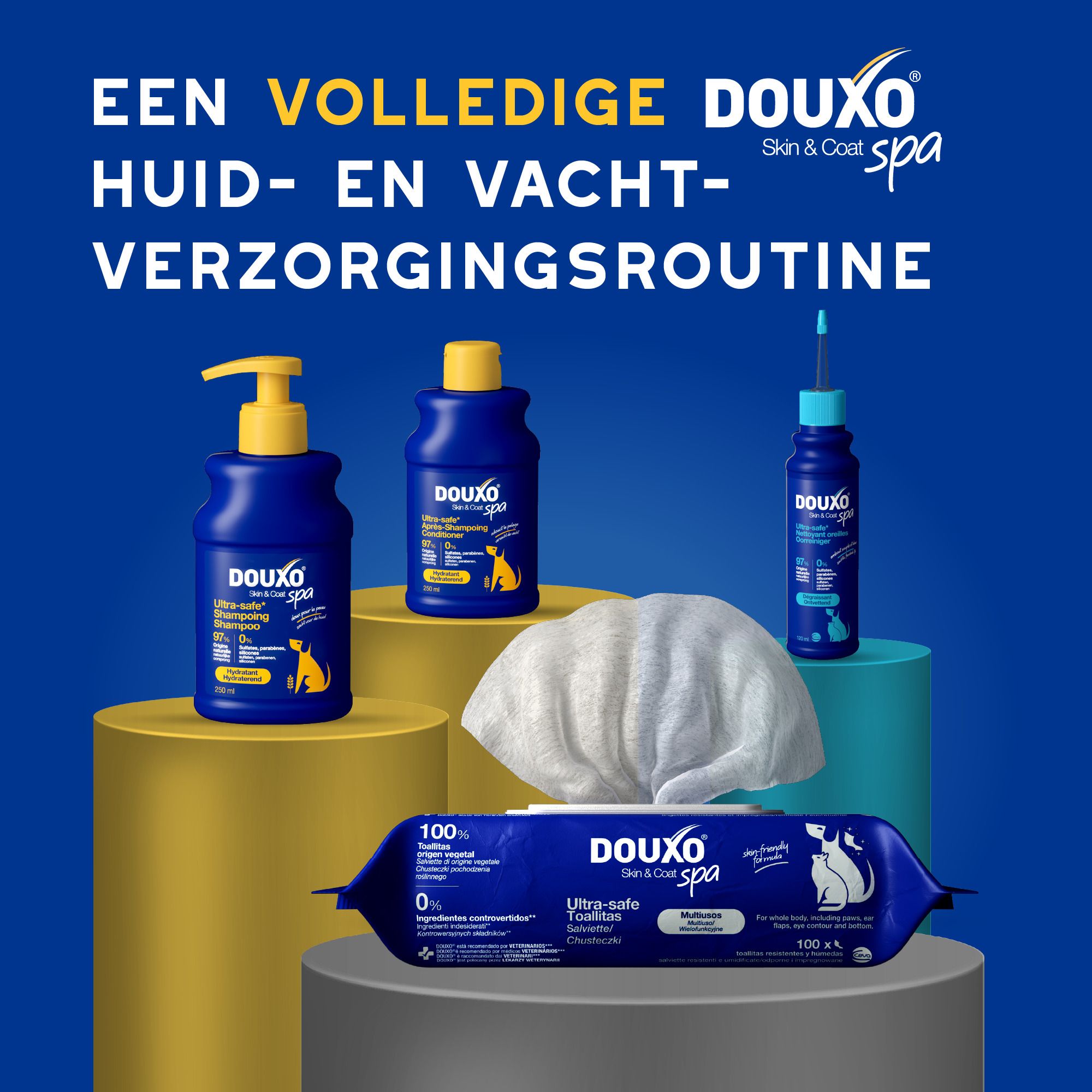 Hond met schuim. Tekst: Reinigt veilig, hydrateert de huid en voedt de vacht.
