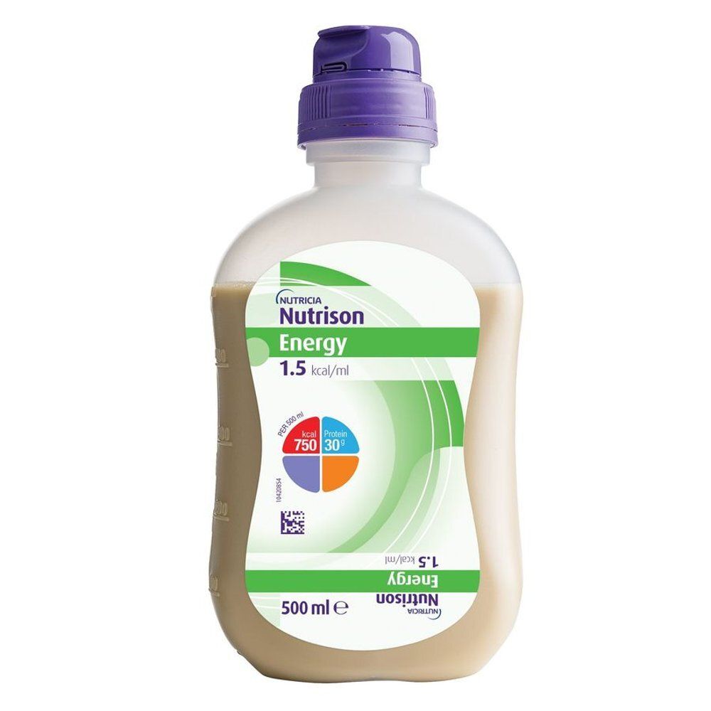 Bouteille Nutrison Energy 1,5 kcal/ml. Étiquette blanche avec logo, informations nutritionnelles et 500 ml. Bouchon violet.