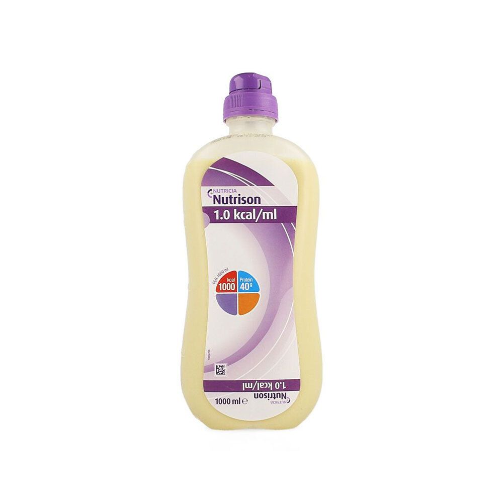 Bouteille de Nutricia Nutrison 1.0 kcal/ml. Étiquette blanche et violette, bouchon violet. Liquide. 1000 ml.
