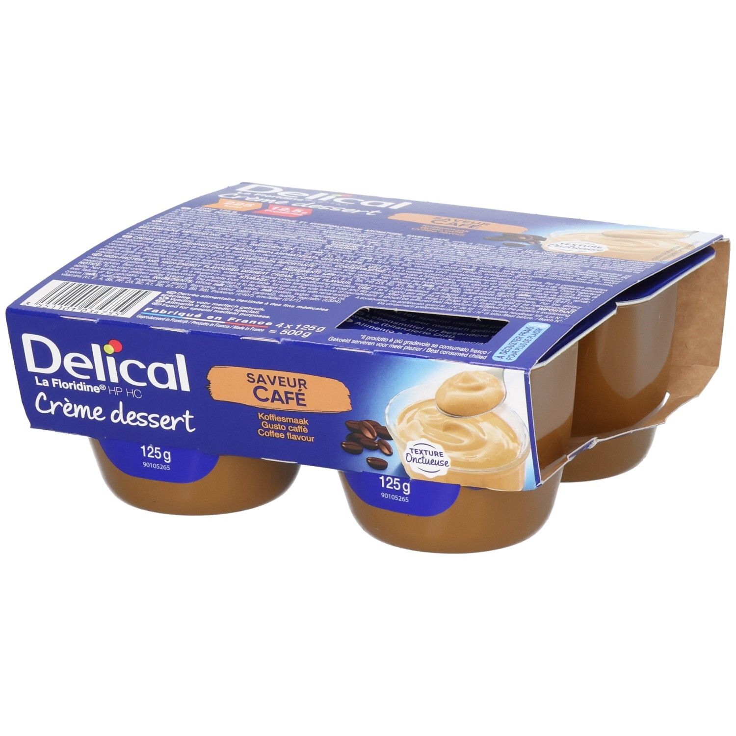 Quatre pots de crème dessert Delical La Floridine HP HC saveur café, 125g chacun.