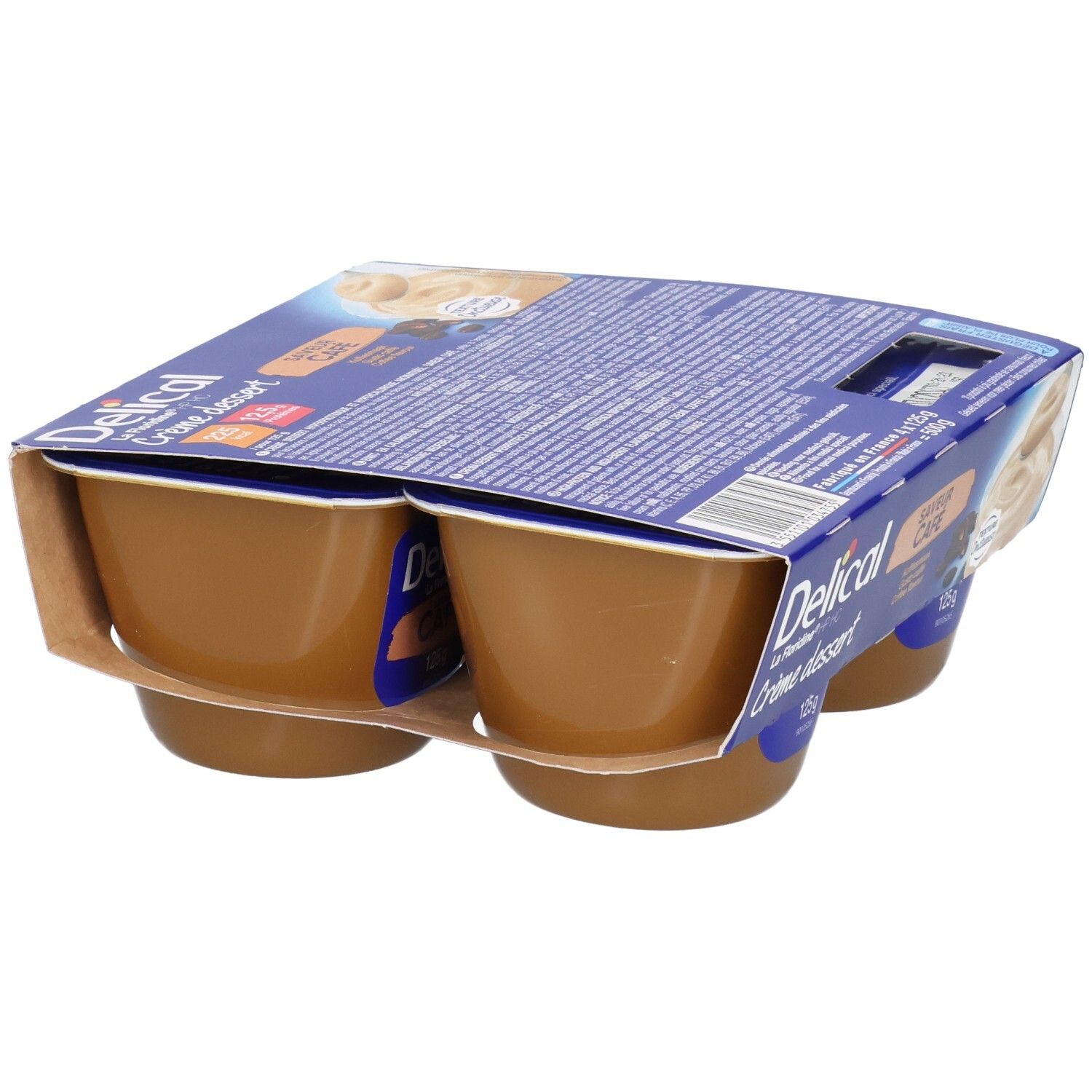 Quatre pots de Delical Crème Dessert dans un emballage en carton.