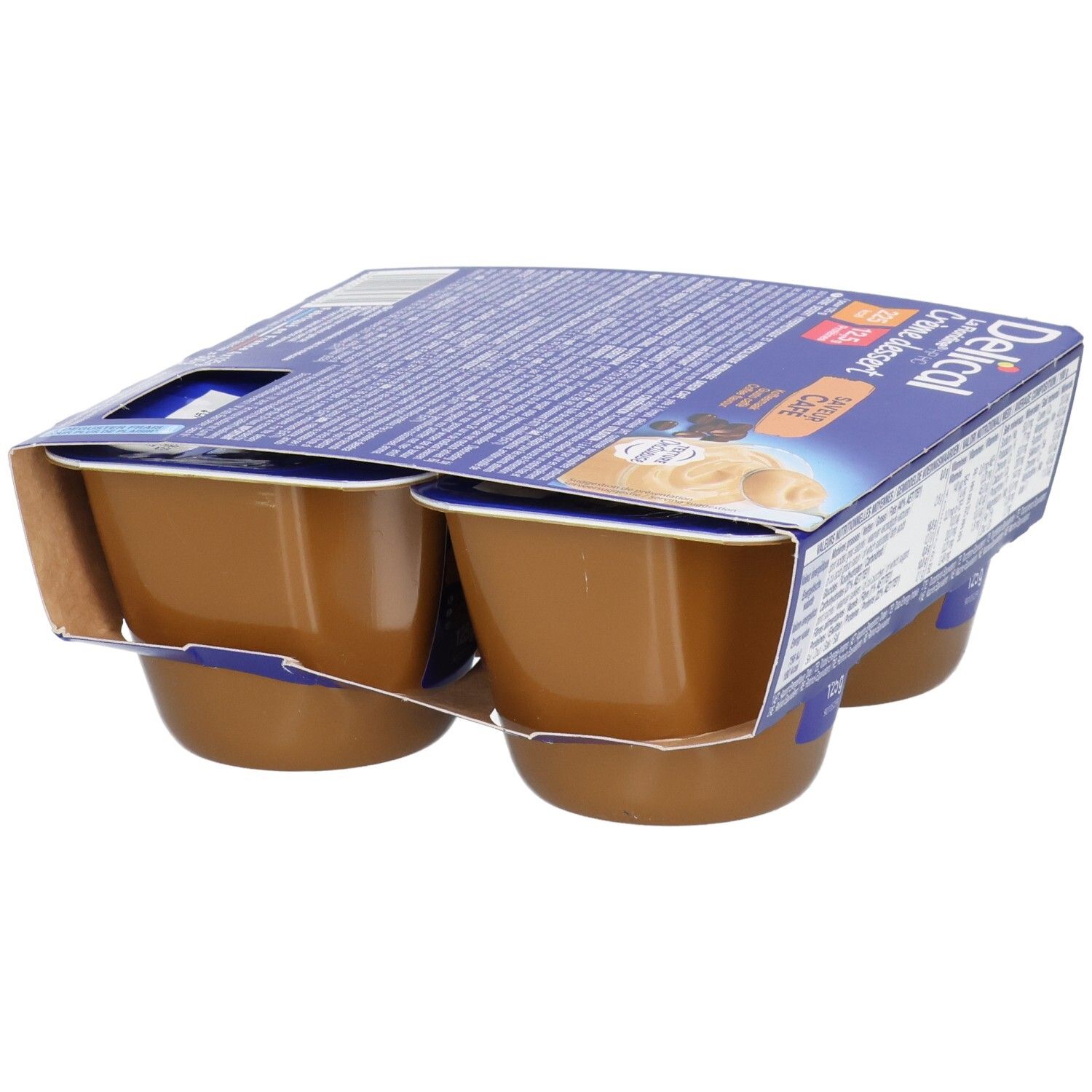 Quatre pots marron de dessert au caramel dans un emballage en carton.