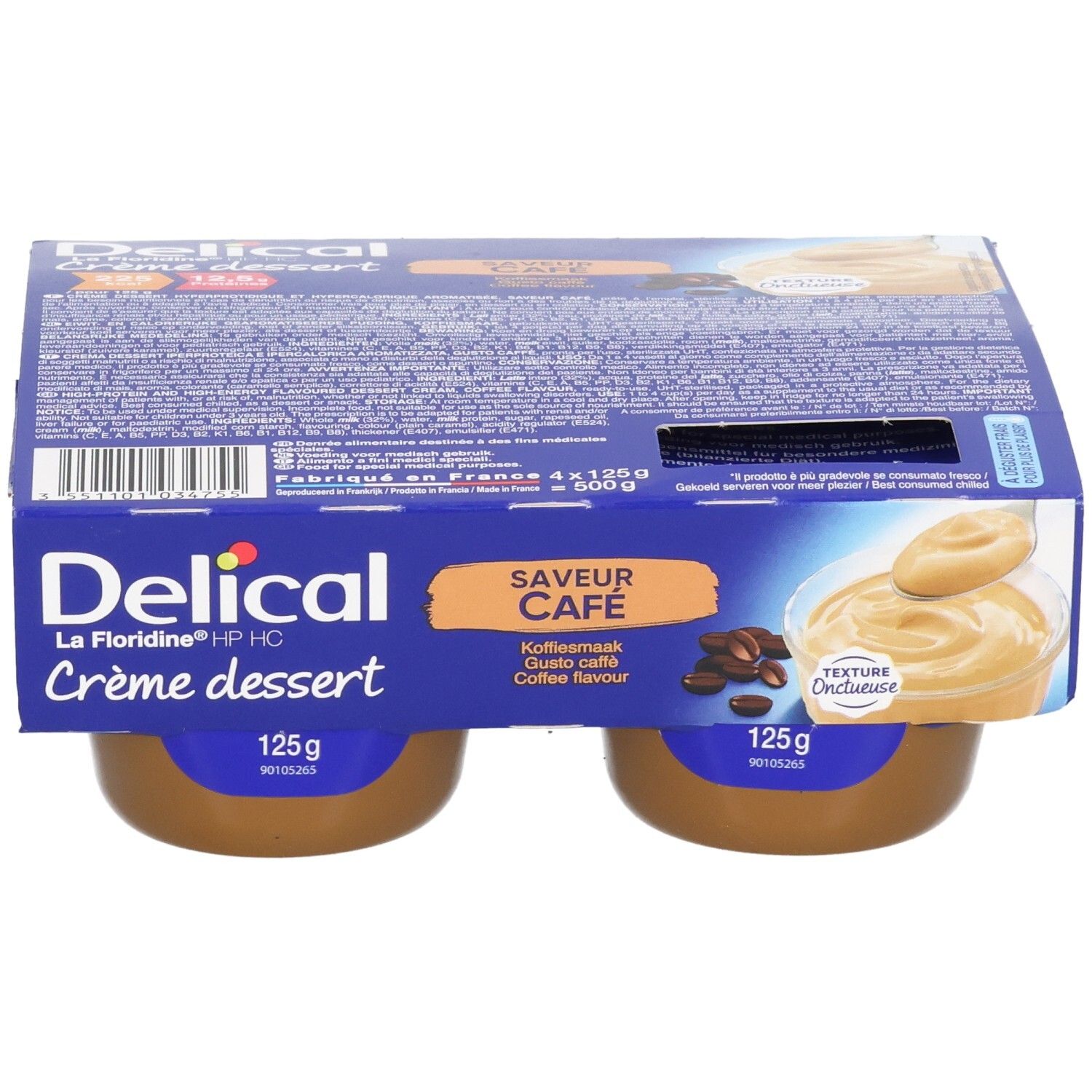 Quatre pots de crème dessert Delical La Floridine HP HC saveur café, 125g chacun.