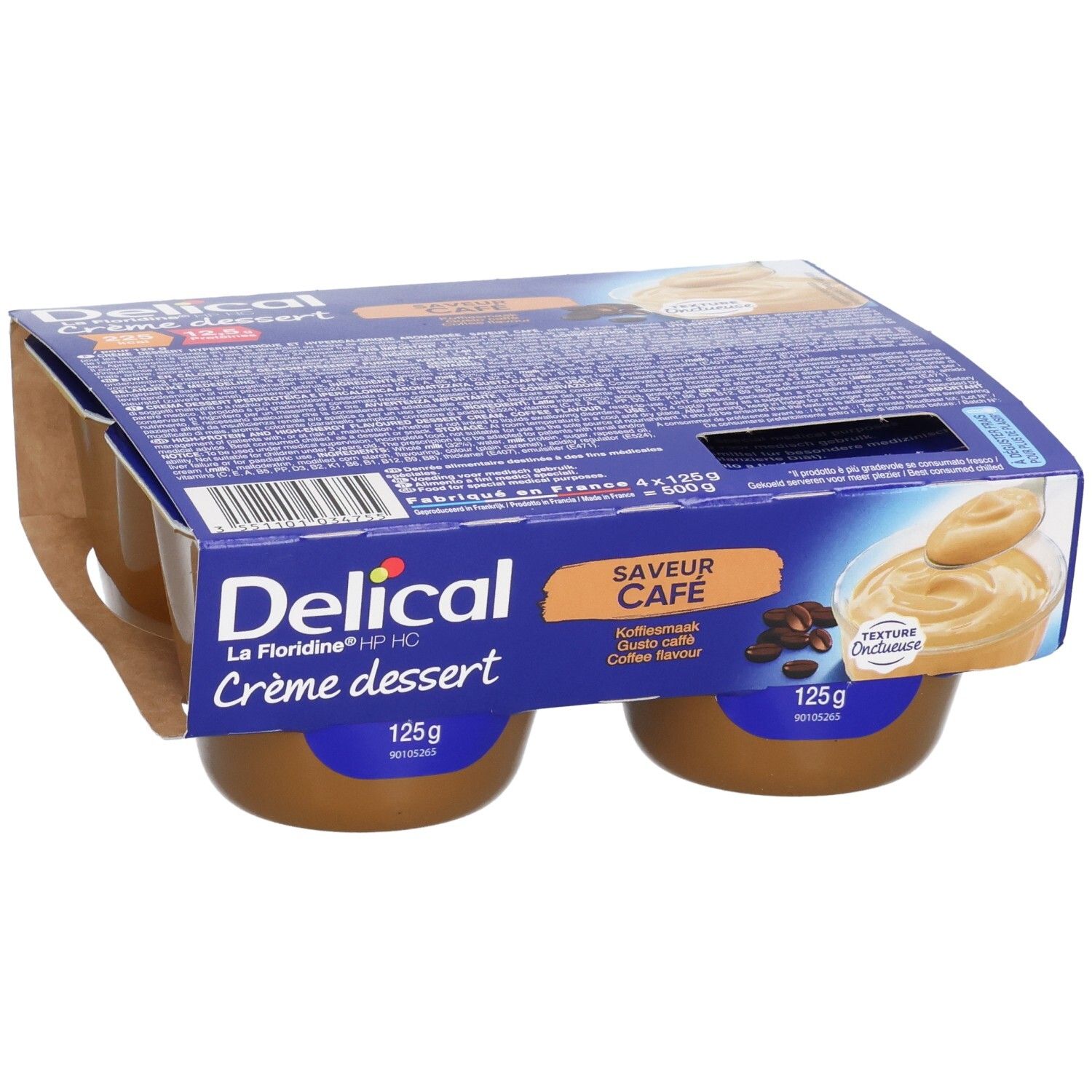 Quatre pots de dessert au café Delical, 125g par pot. Logo "Delical" et "Saveur Cafe" sur l'emballage.