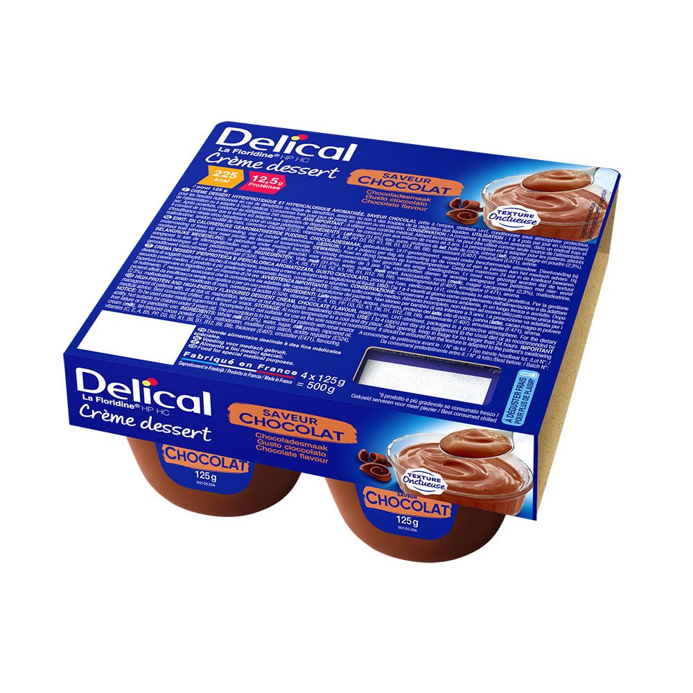 Verpakking met vier chocolade desserts. Merk Delical, Crème dessert. Smaak chocolade. Elk potje 125g. Gemaakt in Frankrijk.
