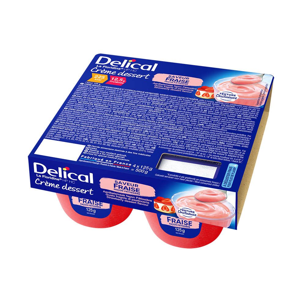 Verpakking Delical Crème dessert aardbei, 4 bekers. Productnaam, logo en smaak.