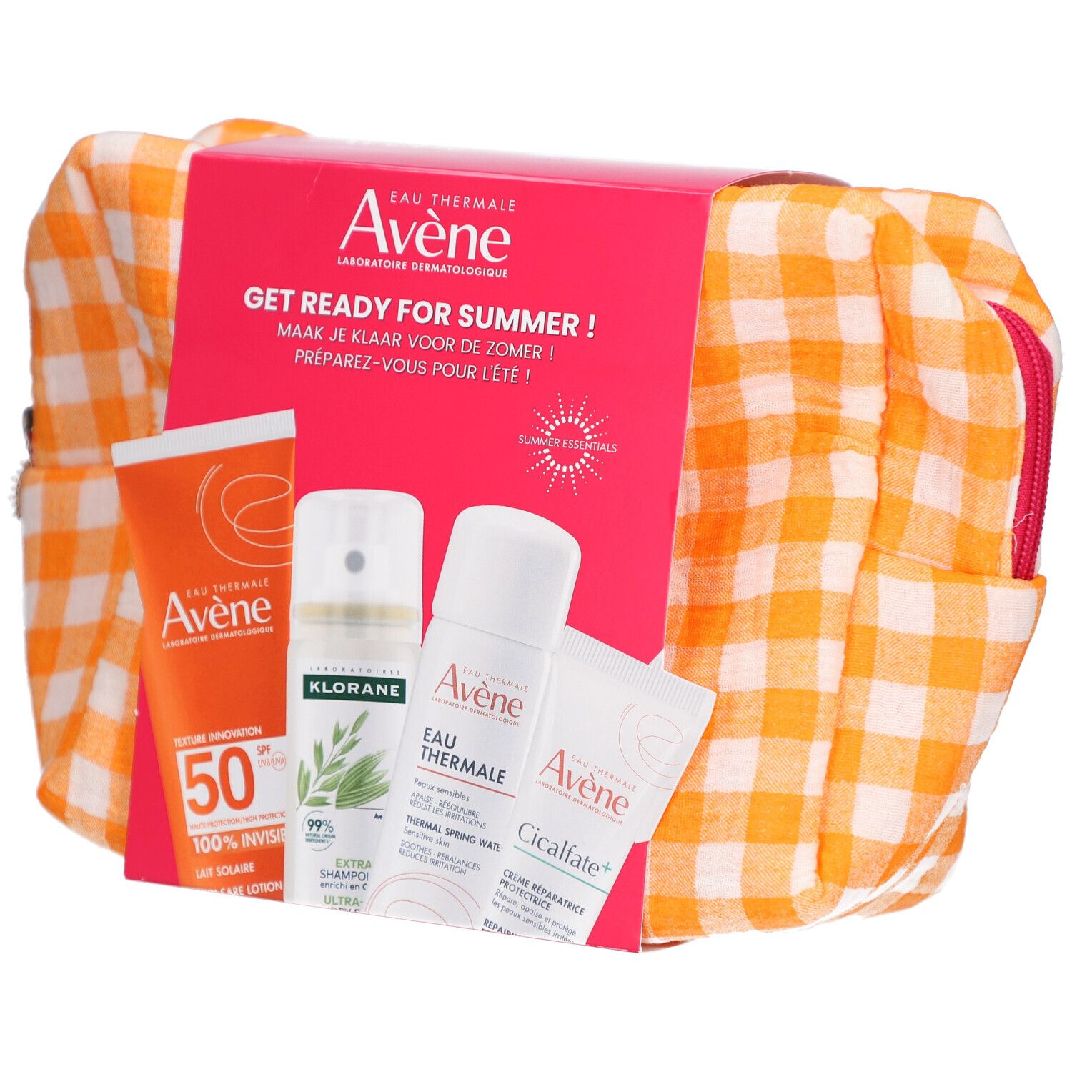 Geschenkset met cosmetica. Bevat zonnecrème, shampoo, thermaal water en crème. Verpakt in een oranje tas.