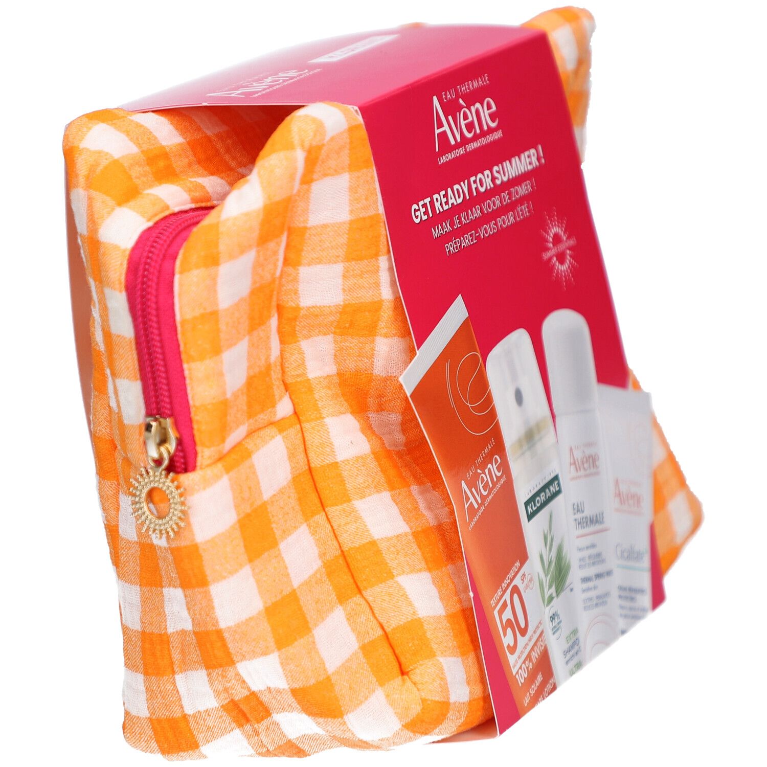 Schuine weergave van de geschenkverpakking. Oranje tas met rits en cosmetica. Roze doos met productnamen.