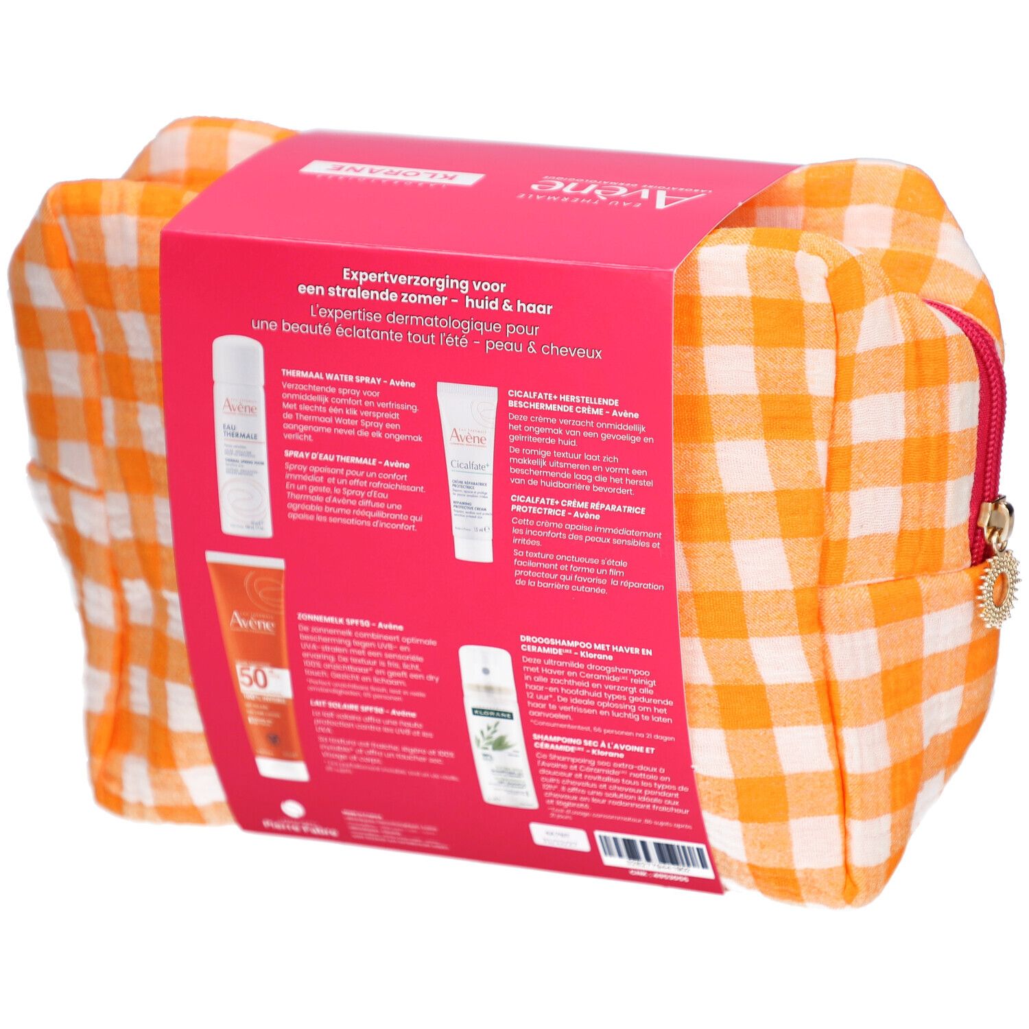 Achteraanzicht van de geschenkverpakking. Oranje tas met rits. Roze doos met productinformatie en tekst.