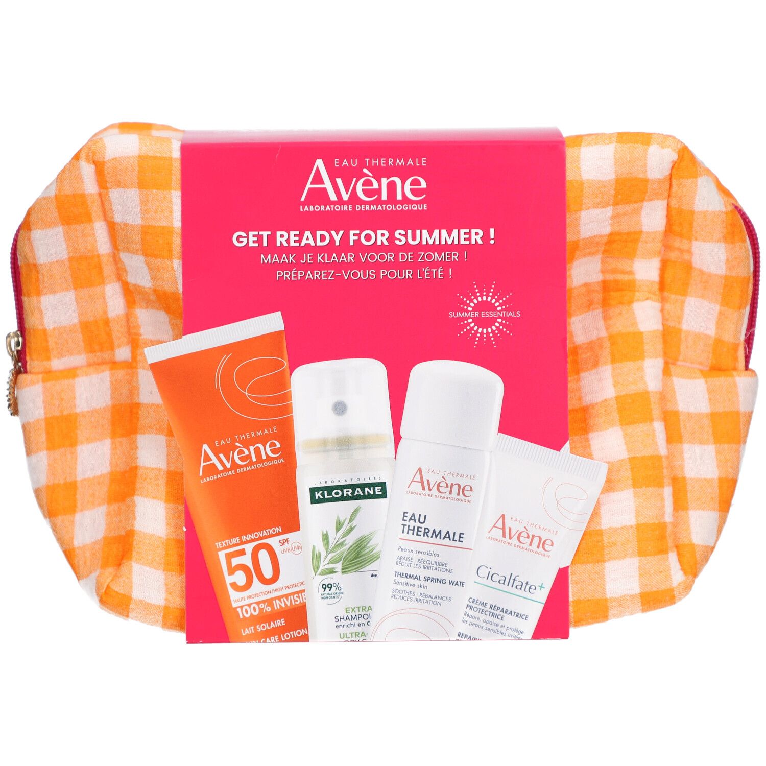 Geschenkset met cosmetica. Bevat zonnecrème, shampoo, thermaal water en crème. Verpakt in een oranje tas.