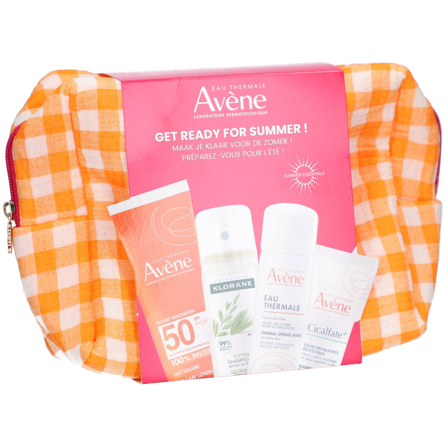 Geschenkset met cosmetica. Bevat zonnecrème, shampoo, thermaal water en crème. Verpakt in een oranje tas.