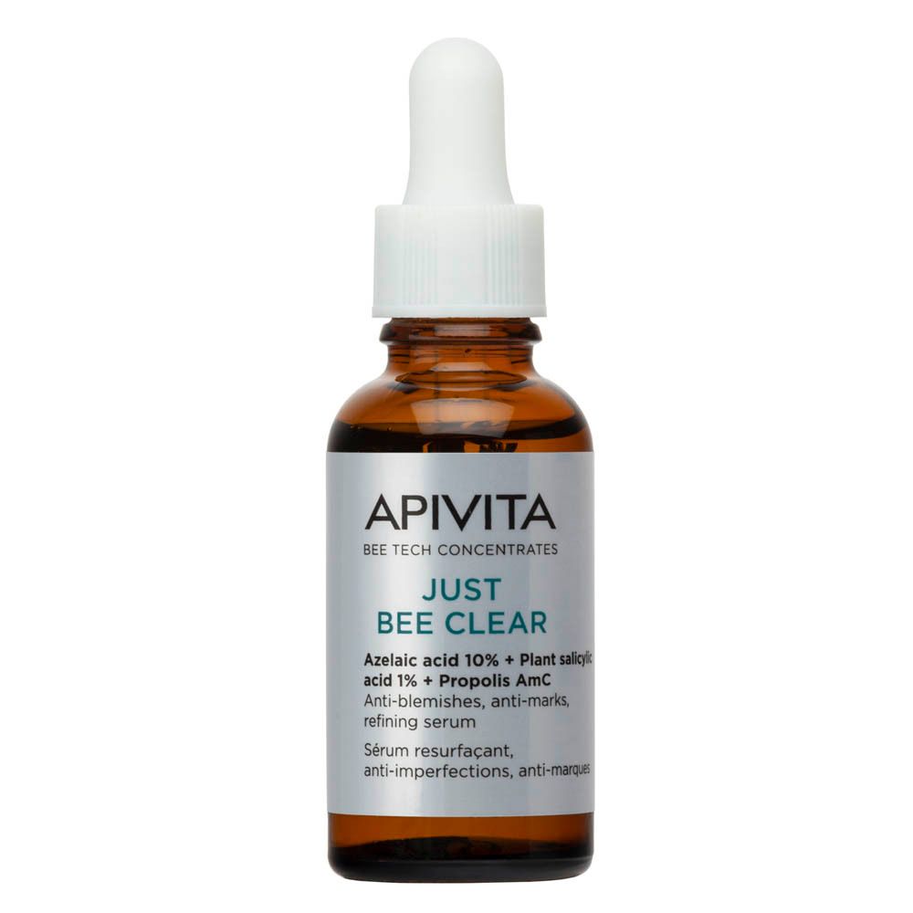 Flacon en verre brun avec bouchon blanc. Inscription : Apivita Just Bee Clear Sérum Anti-Imperfections.