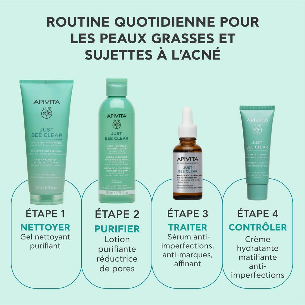 Flacon sur verre. Inscription : Apivita Just Bee Clear Sérum Anti-Imperfections. Texte : 93% naturel.