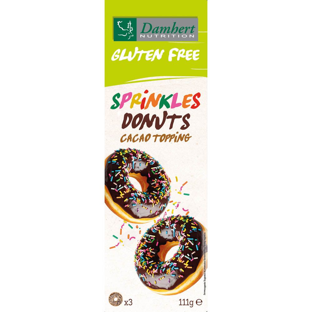 Verpakking met donuts. Opschrift: Sprinkles Donuts, glutenvrij. Twee donuts met hagelslag afgebeeld.