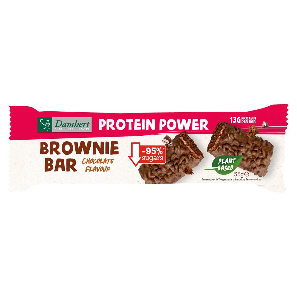 Eiwitreep in verpakking. Opschrift: Brownie Bar, Chocolate Flavour, -95% suikers, Plant Based. Merk: Damhert Nutrition.