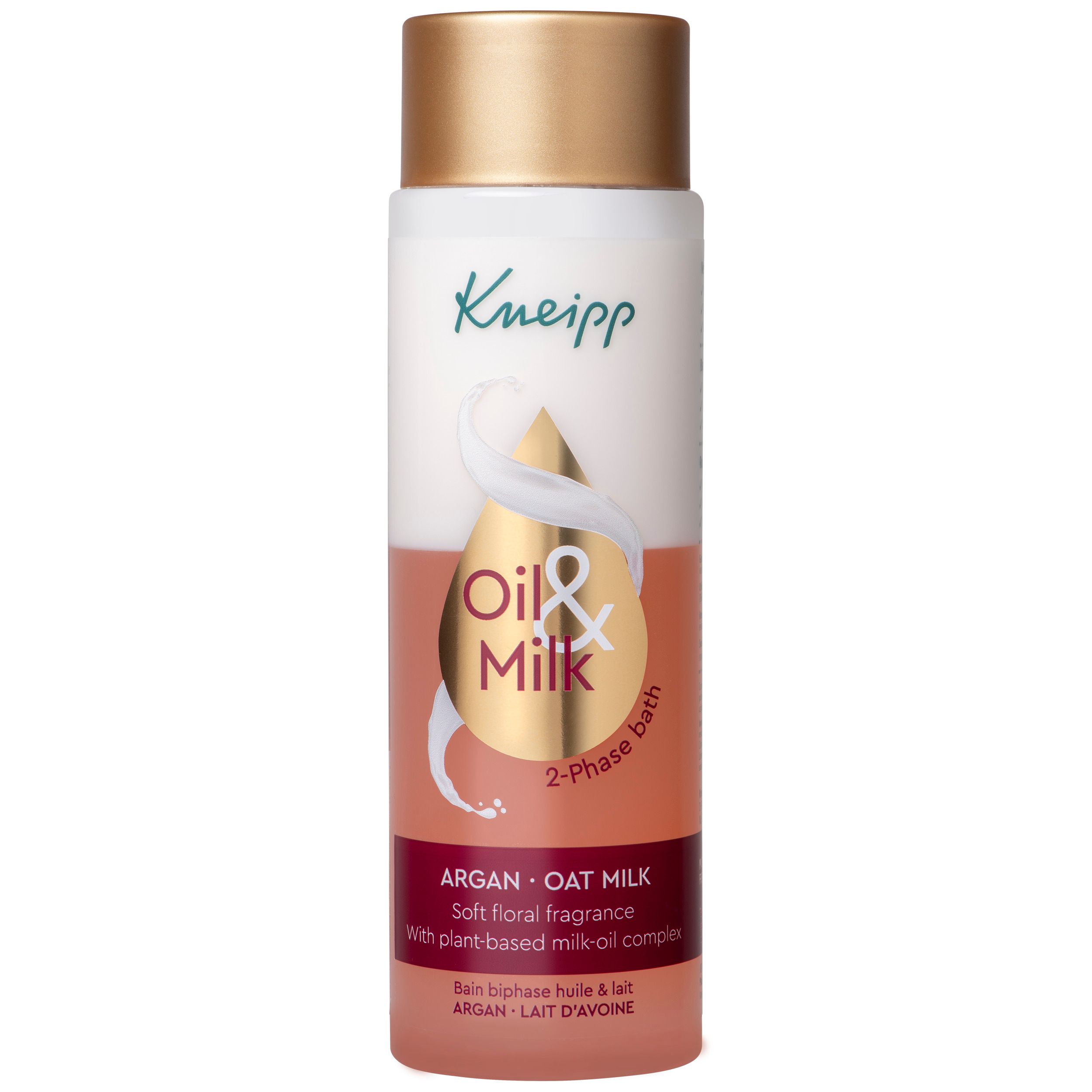 Kneipp Olie & Melk 2-fasen bad. Fles met gouden dop. Etiket met productinformatie.
