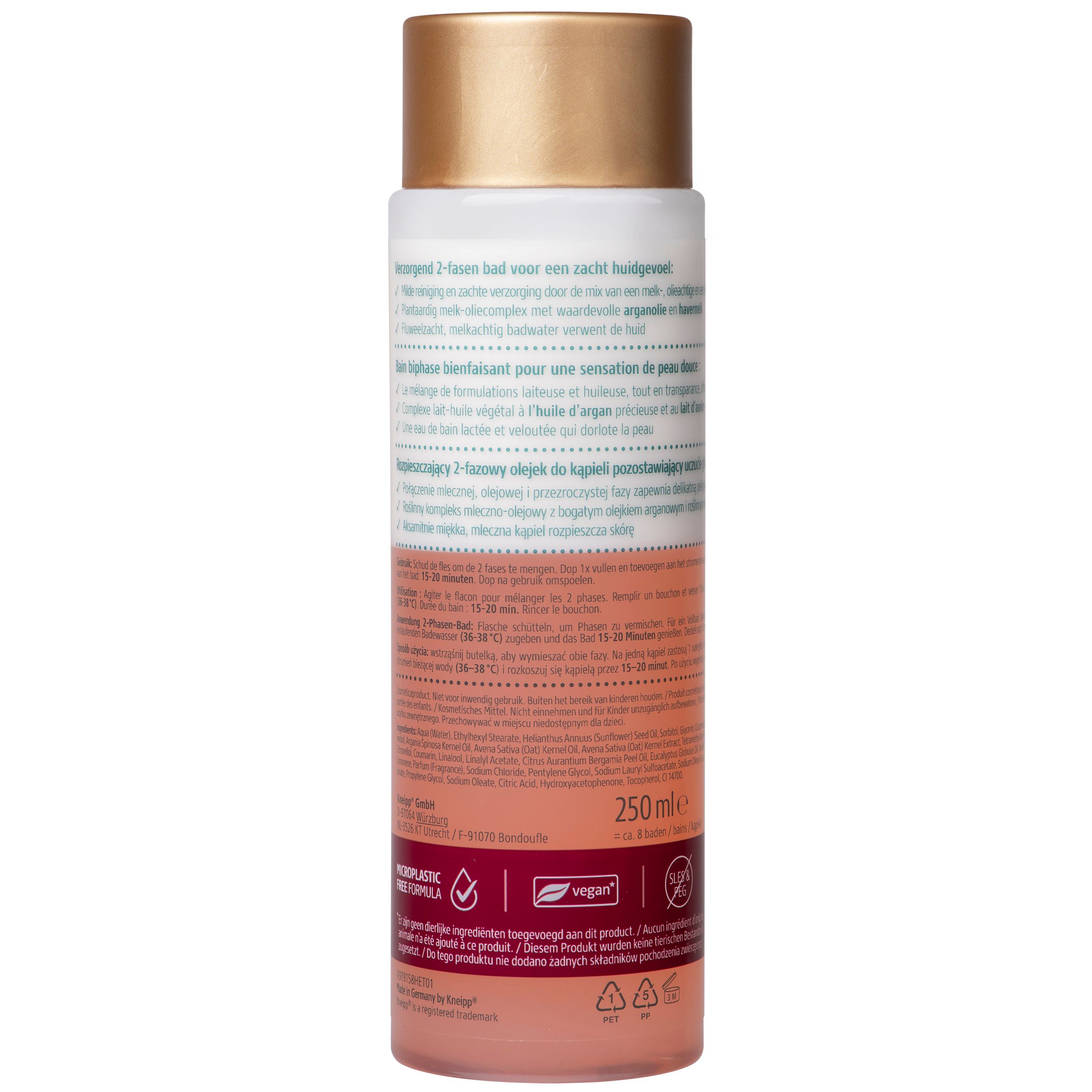 Achterkant van de Kneipp Olie & Melk fles. Productinfo, 250 ml, vegan.