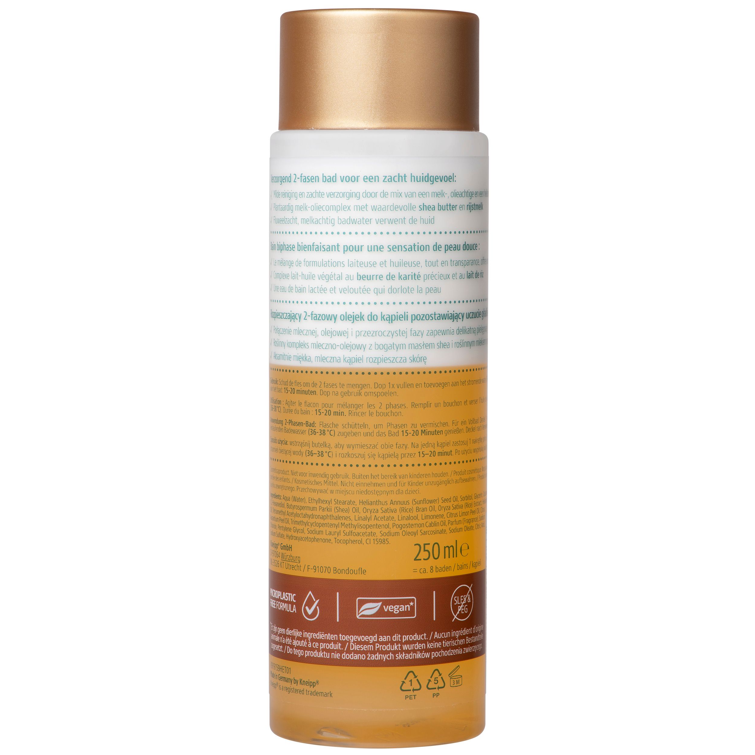 Dos du flacon Kneipp Huile & Lait. Texte multilingue. 250 ml. Label vegan. Symboles de recyclage.