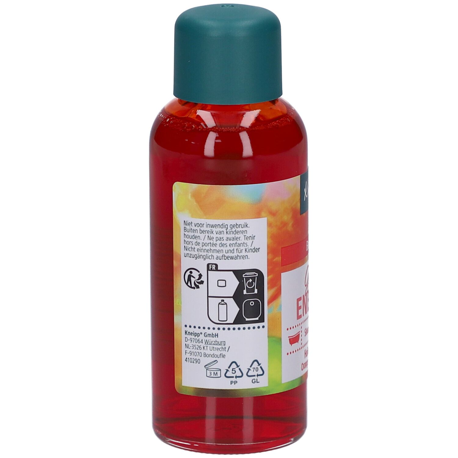Kneipp badolie fles, rood, met groene dop. Achterkant met tekst en pictogrammen. Sinaasappel-Bergamot.