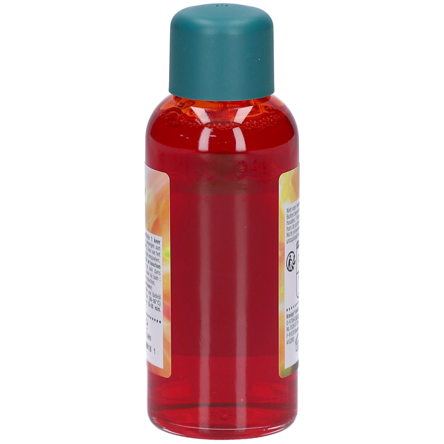 Kneipp badolie fles, rood, met groene dop. Achterkant met tekst. Sinaasappel-Bergamot.