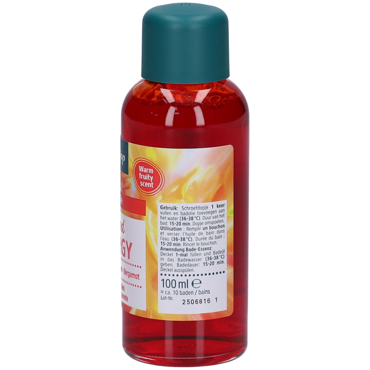 Kneipp badolie fles, rood, met groene dop. Tekst en 100 ml. Sinaasappel-Bergamot.