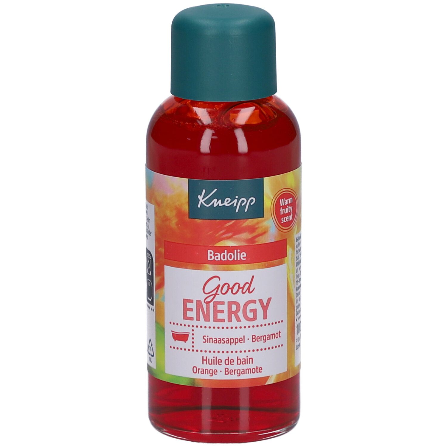 Kneipp badolie fles, rood, met groene dop. Opschrift Good Energy. Sinaasappel-Bergamot.
