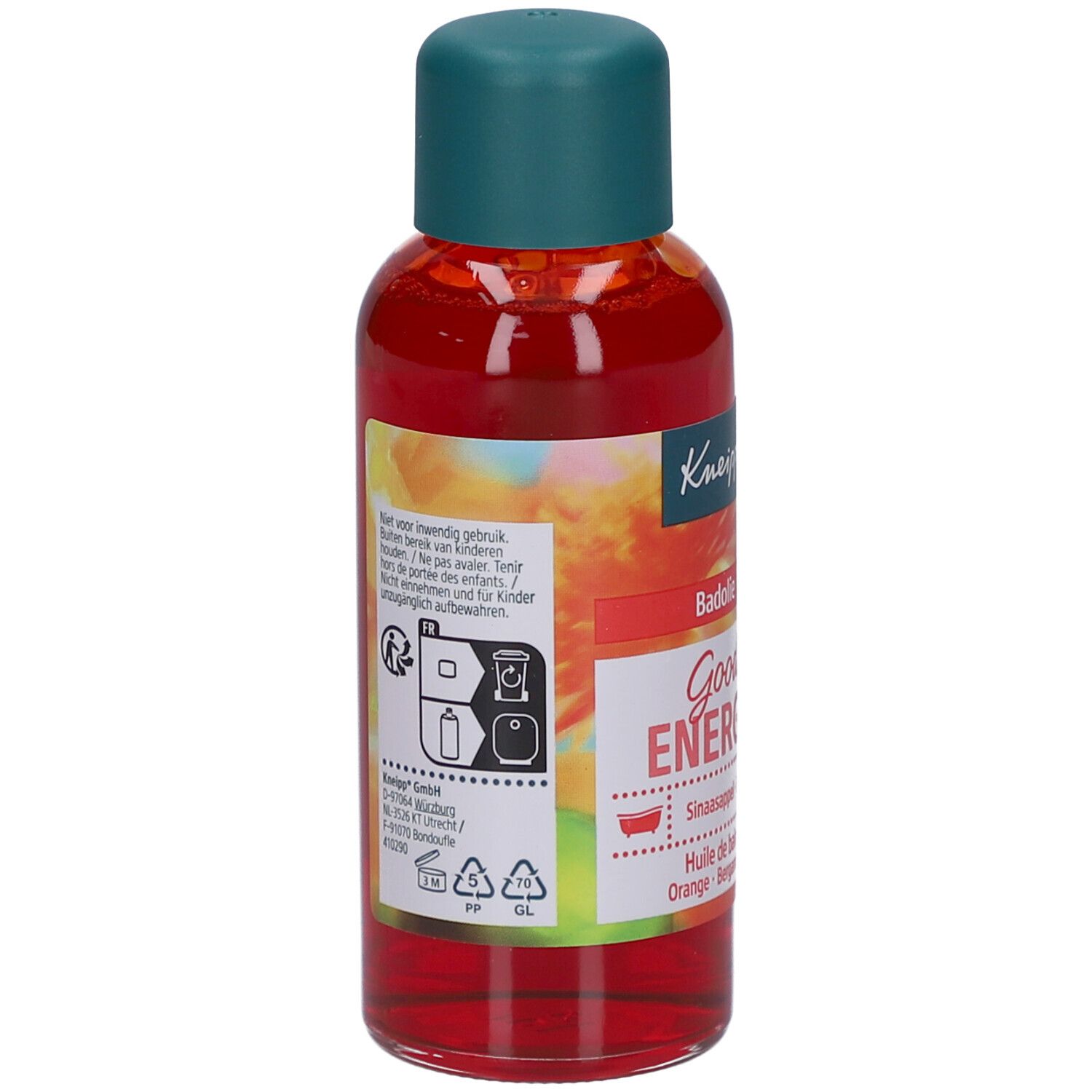 Kneipp badolie fles, rood, met groene dop. Achterkant met tekst en pictogrammen. Sinaasappel-Bergamot.