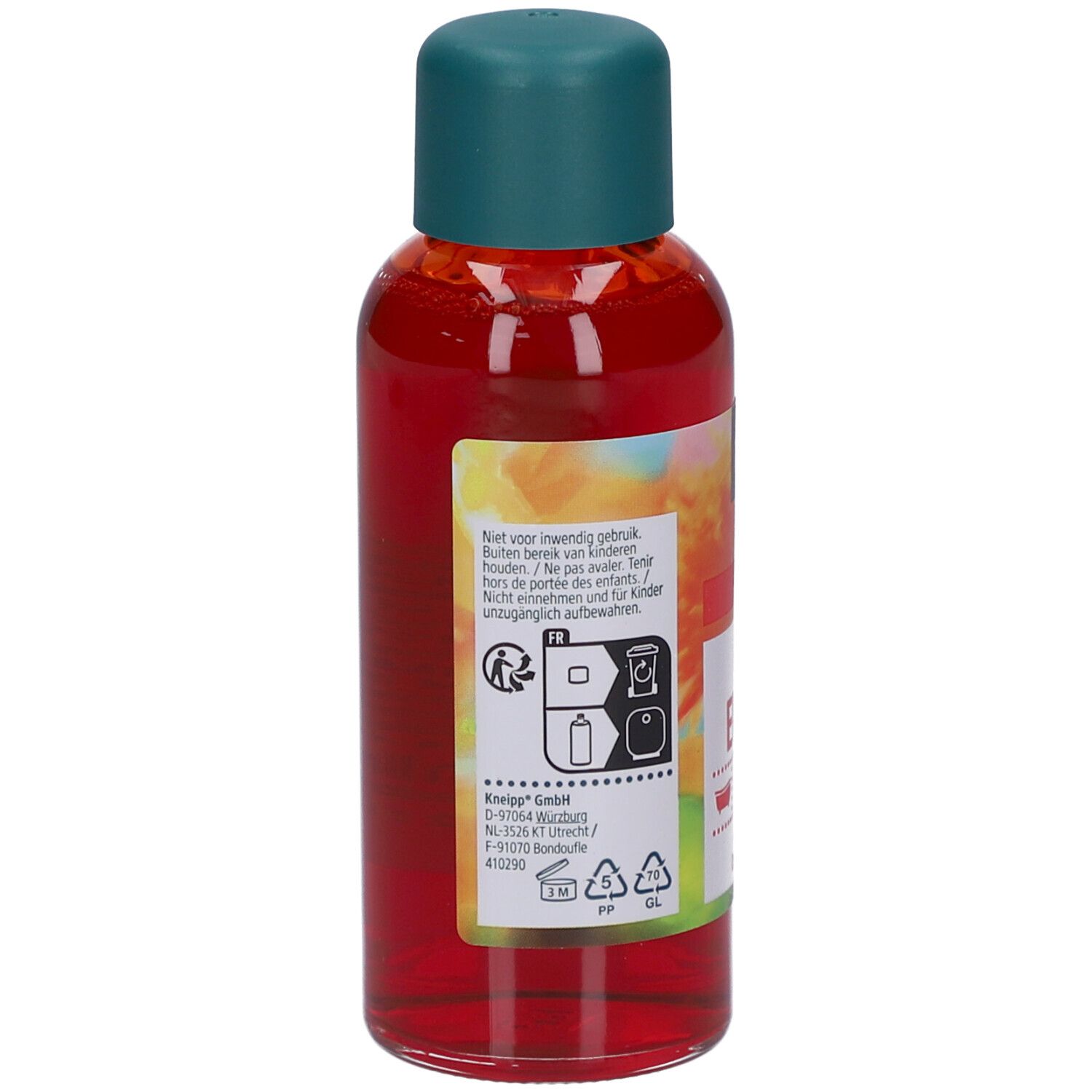 Kneipp badolie fles, rood, met groene dop. Achterkant met tekst en pictogrammen. Sinaasappel-Bergamot.