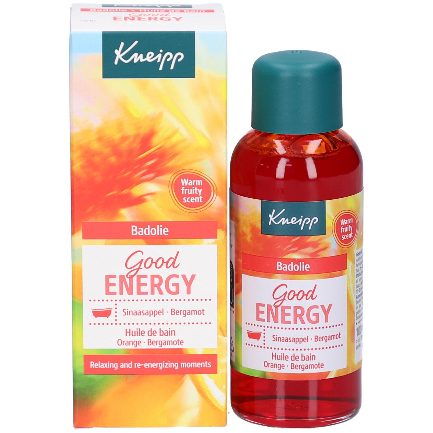Kneipp badolie fles en verpakking. Rood, groen. Opschrift Good Energy. Sinaasappel-Bergamot.