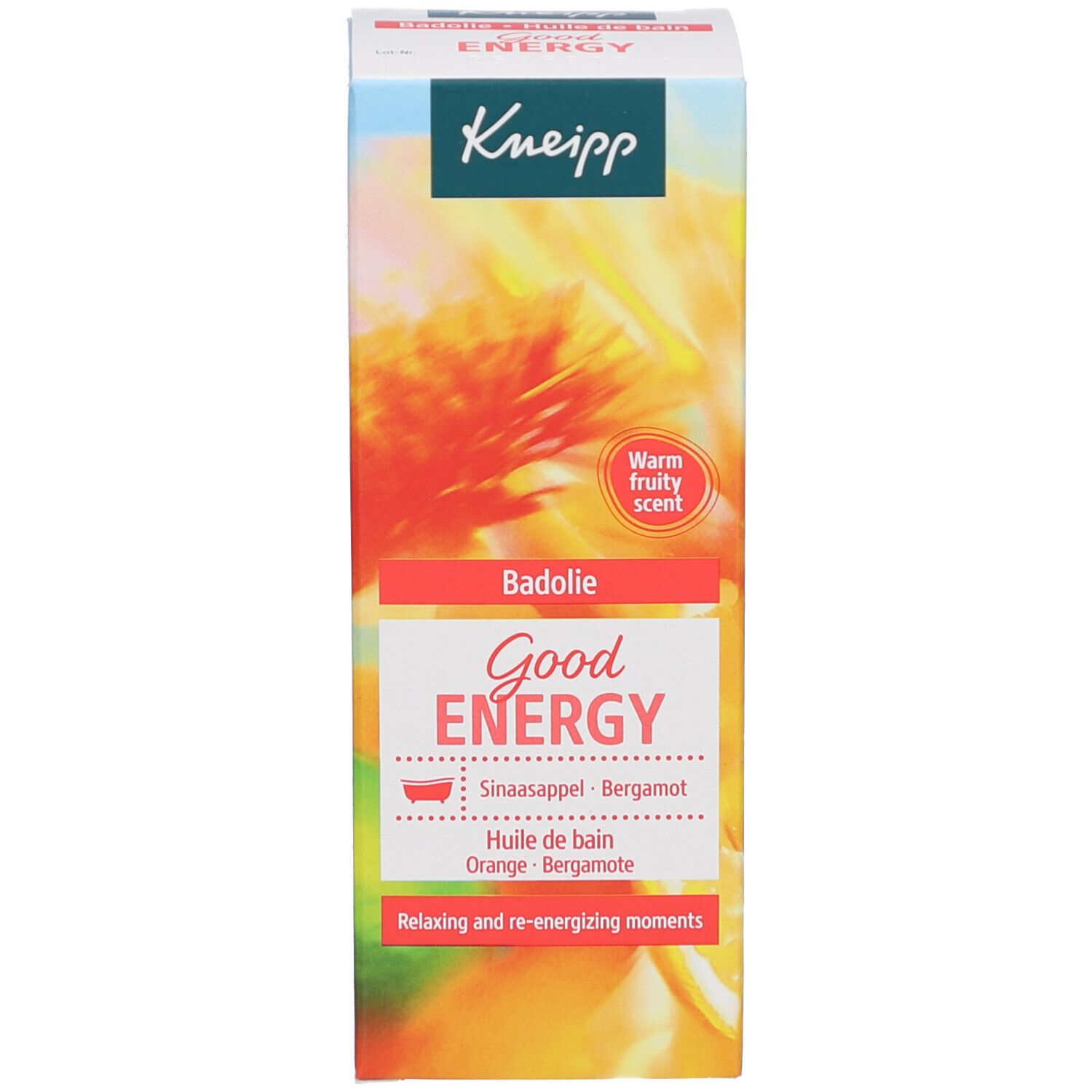 Kneipp verpakking. Opschrift Good Energy. Sinaasappel-Bergamot. Groen, geel, wit.
