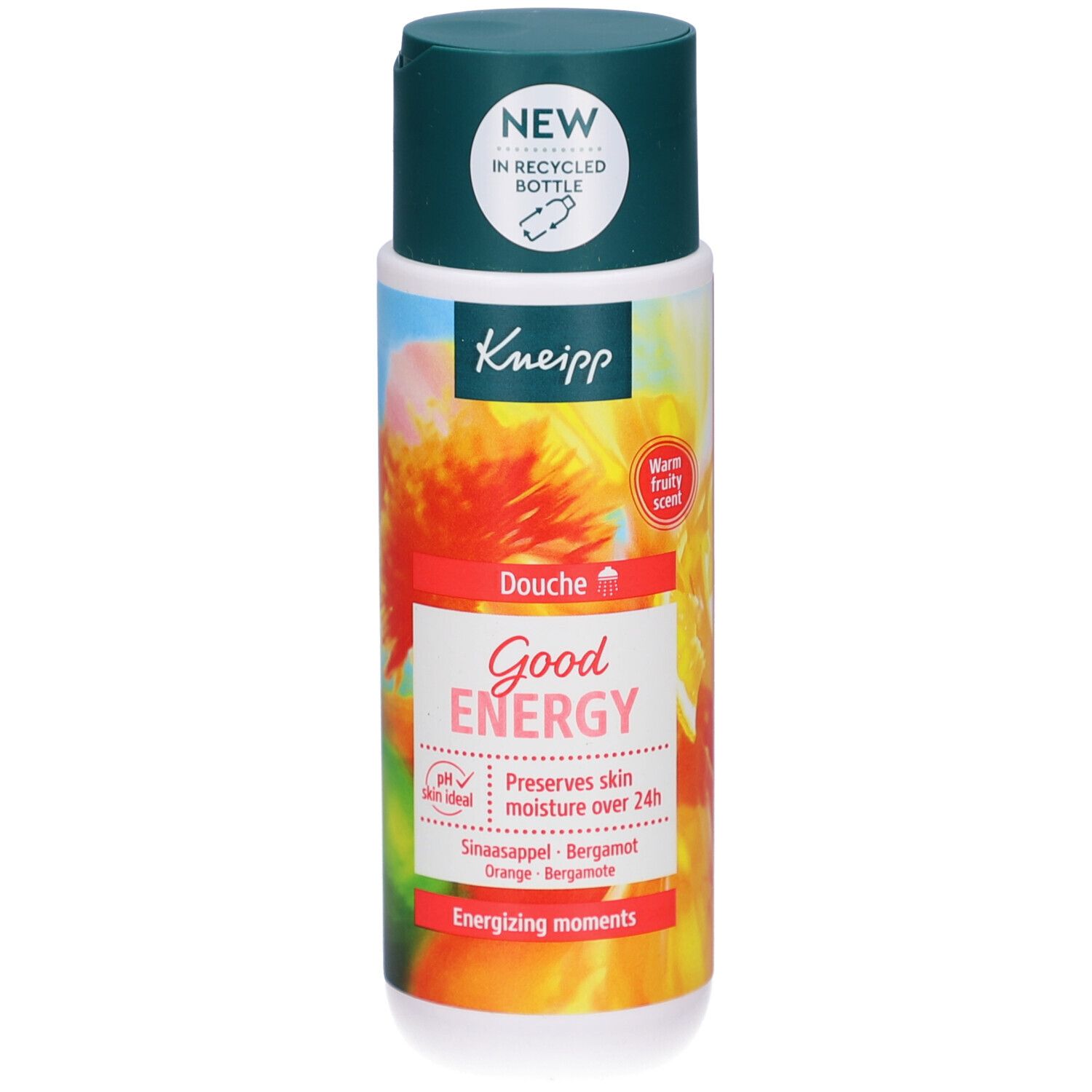 Kneipp Good Energy douchegel. Fles met groene dop. Opschrift: Good Energy, pH-huidneutraal, behoudt vocht. Met sinaasappel en bergamot.