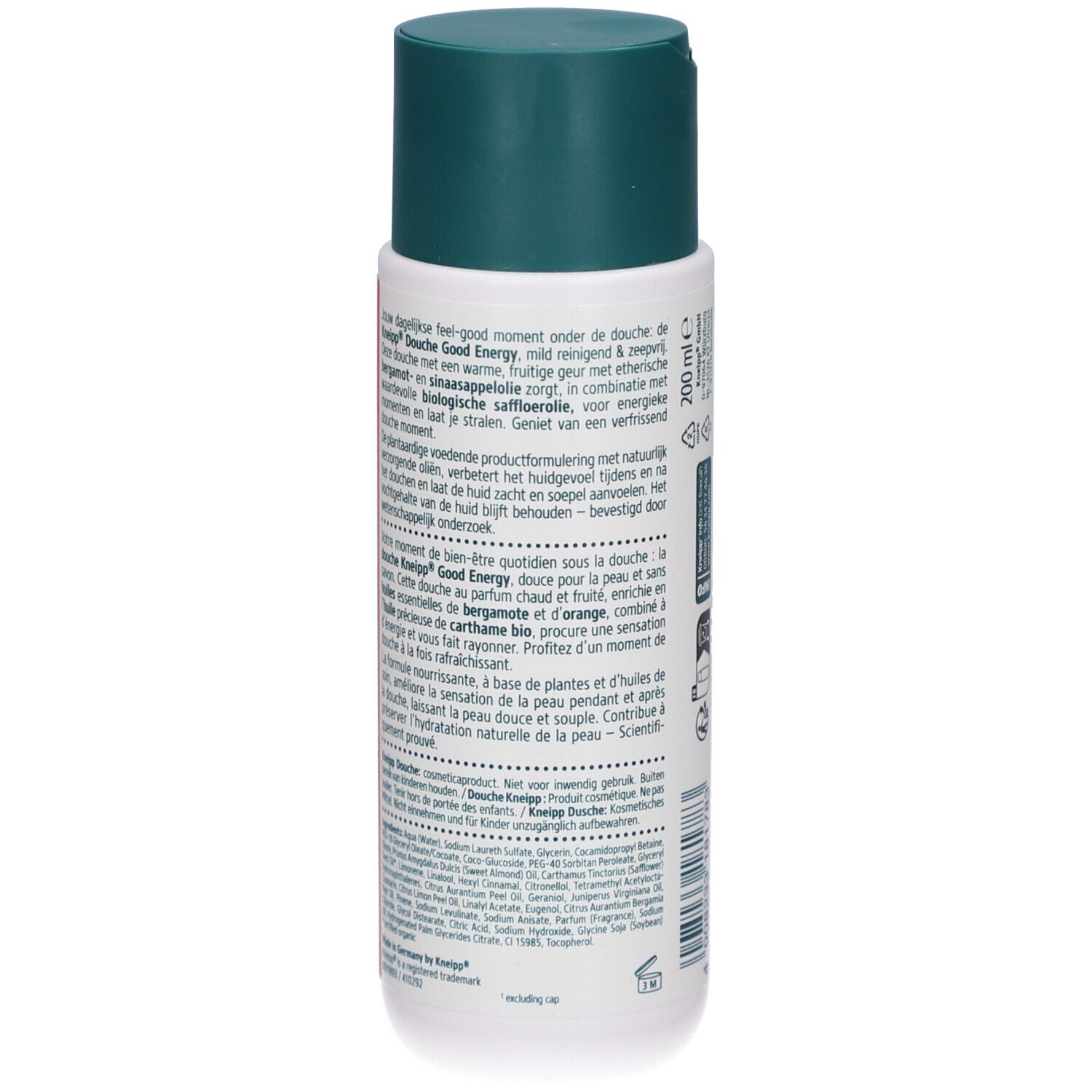 Achterkant van de Kneipp Good Energy douchegelfles. Tekst in meerdere talen. Informatie over ingrediënten en gebruik.