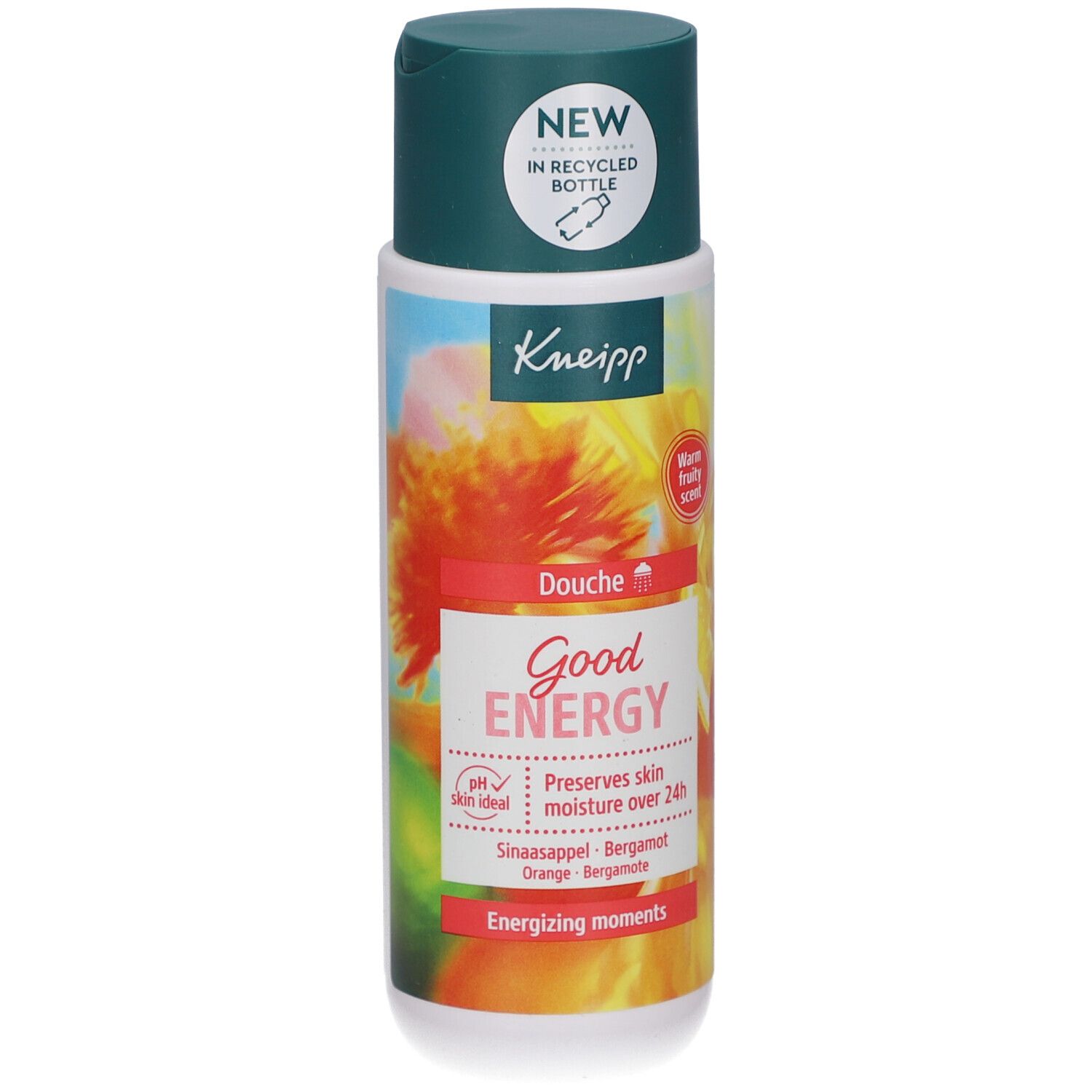 Kneipp Good Energy douchegel. Fles met groene dop. Opschrift: Good Energy, pH-huidneutraal, behoudt vocht. Met sinaasappel en bergamot.