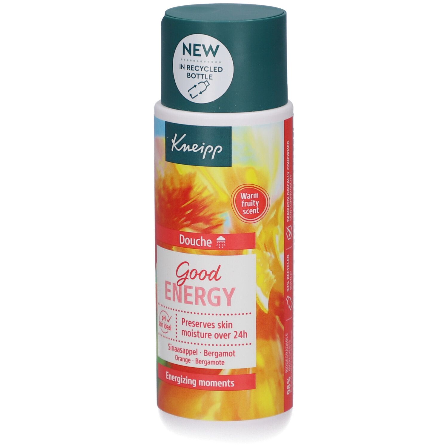 Kneipp Good Energy douchegel. Fles met groene dop. Opschrift: Good Energy, pH-huidneutraal, behoudt vocht. Met sinaasappel en bergamot.
