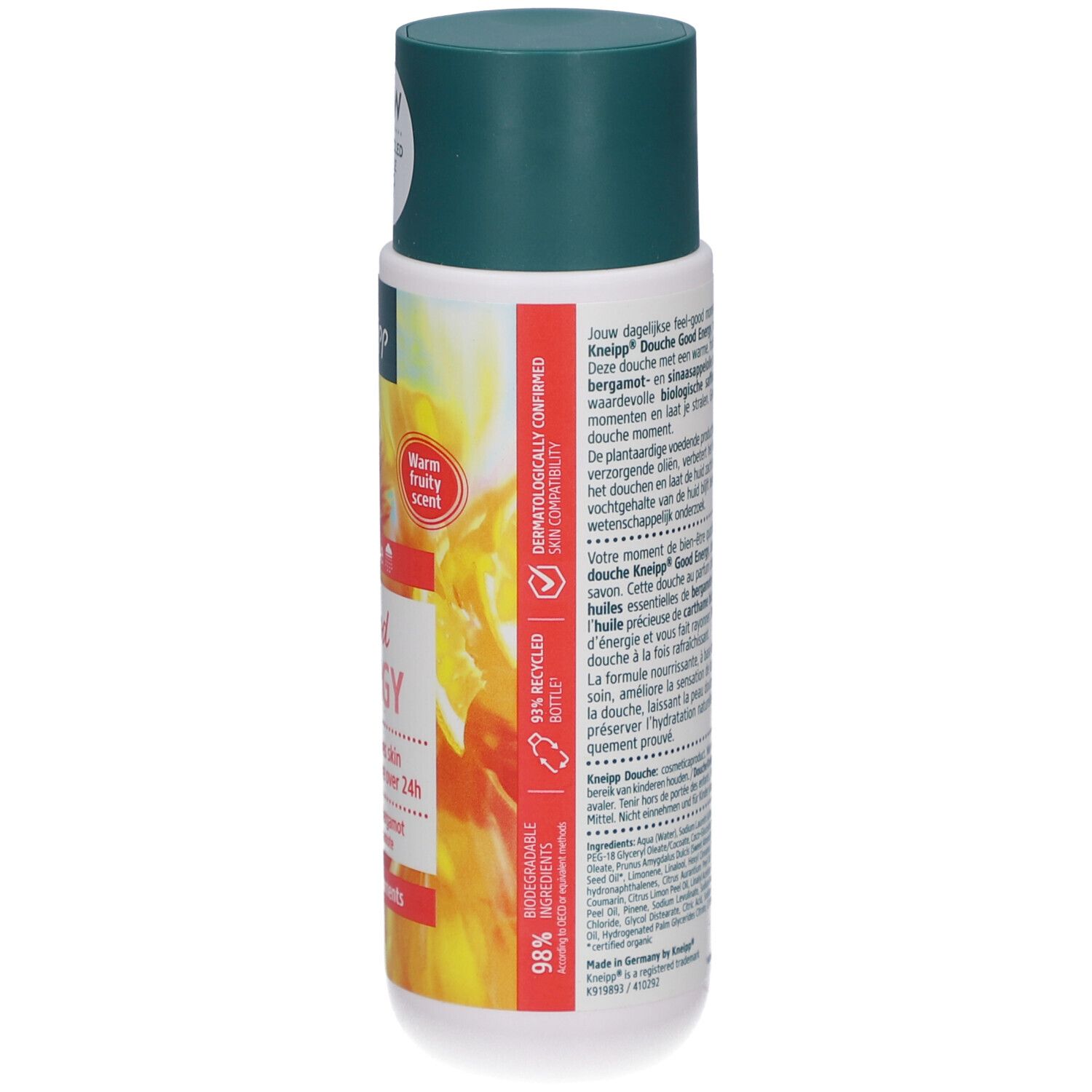 Achterkant van de Kneipp Good Energy douchegelfles. Tekst in meerdere talen. 98% biologisch afbreekbaar. 95% gerecyclede fles.