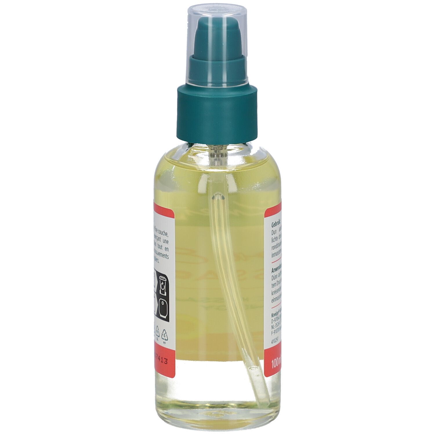 Kneipp massageolie fles met sproeikop. Etiket met productinfo. 100 ml.