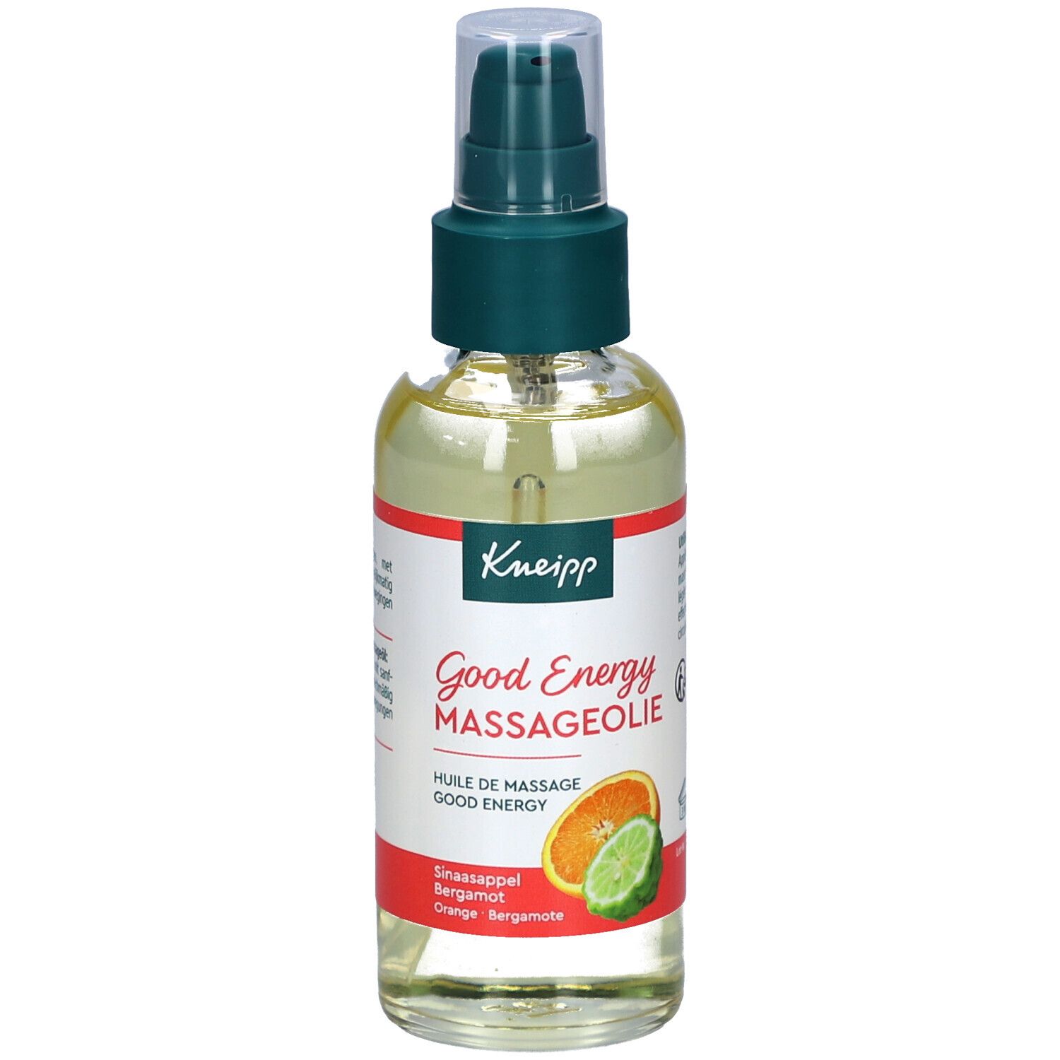 Kneipp massageolie fles met sproeikop. Etiket met productinfo. 100 ml.