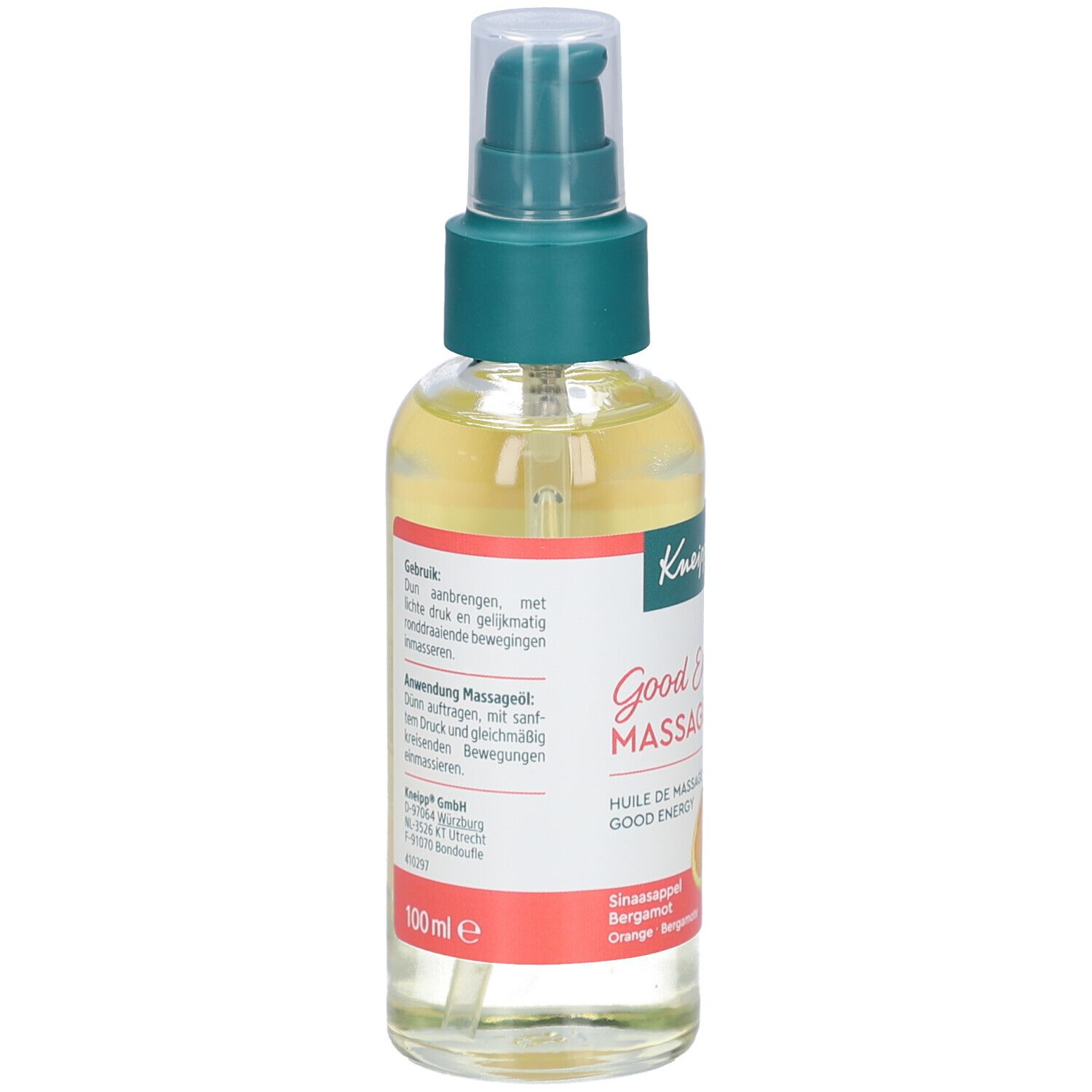 Kneipp massageolie fles met sproeikop. Etiket met productinfo. 100 ml.