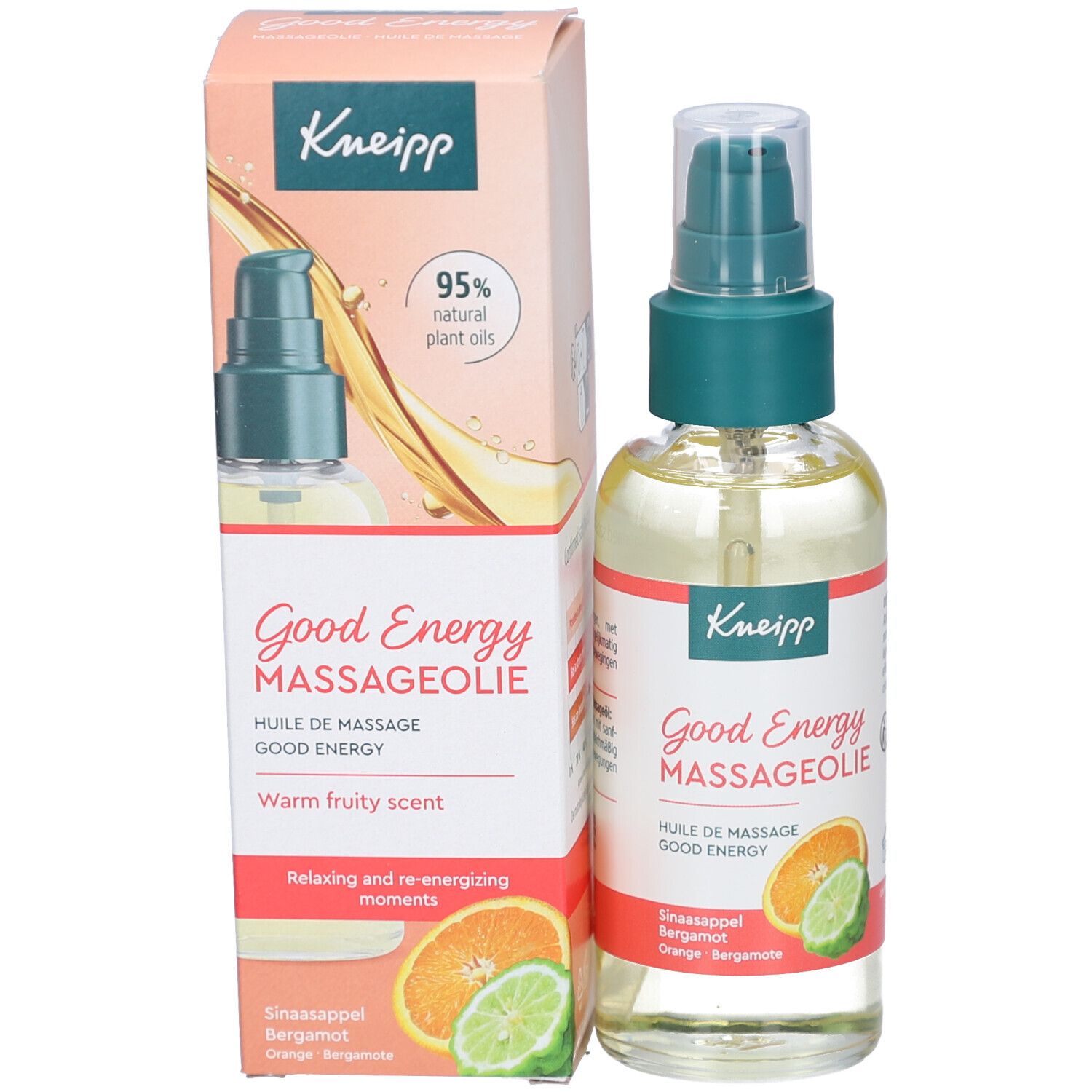 Kneipp massageolie fles en doos. Doos met productinfo en 95% natuurlijke plantaardige oliën.