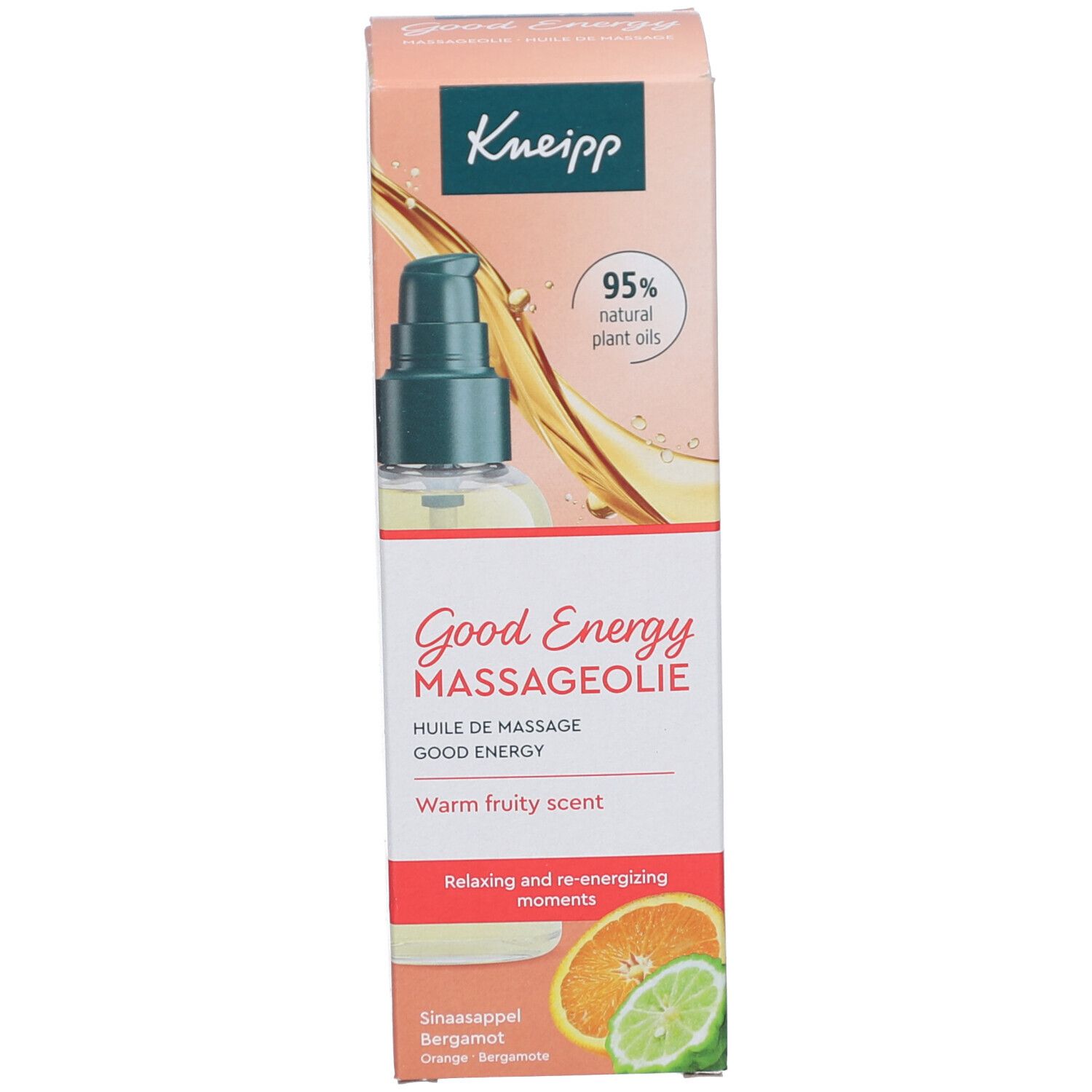 Kneipp massageolie doos met productinfo en 95% natuurlijke plantaardige oliën.