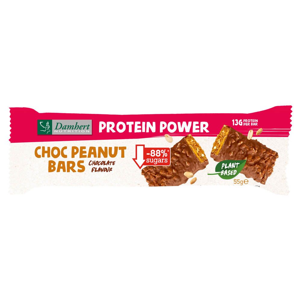 Emballage de barre protéinée. Inscription: Damhert Protein Power Choc Peanut Bars, -88% de sucres. Avec cacahuètes et morceaux de chocolat.