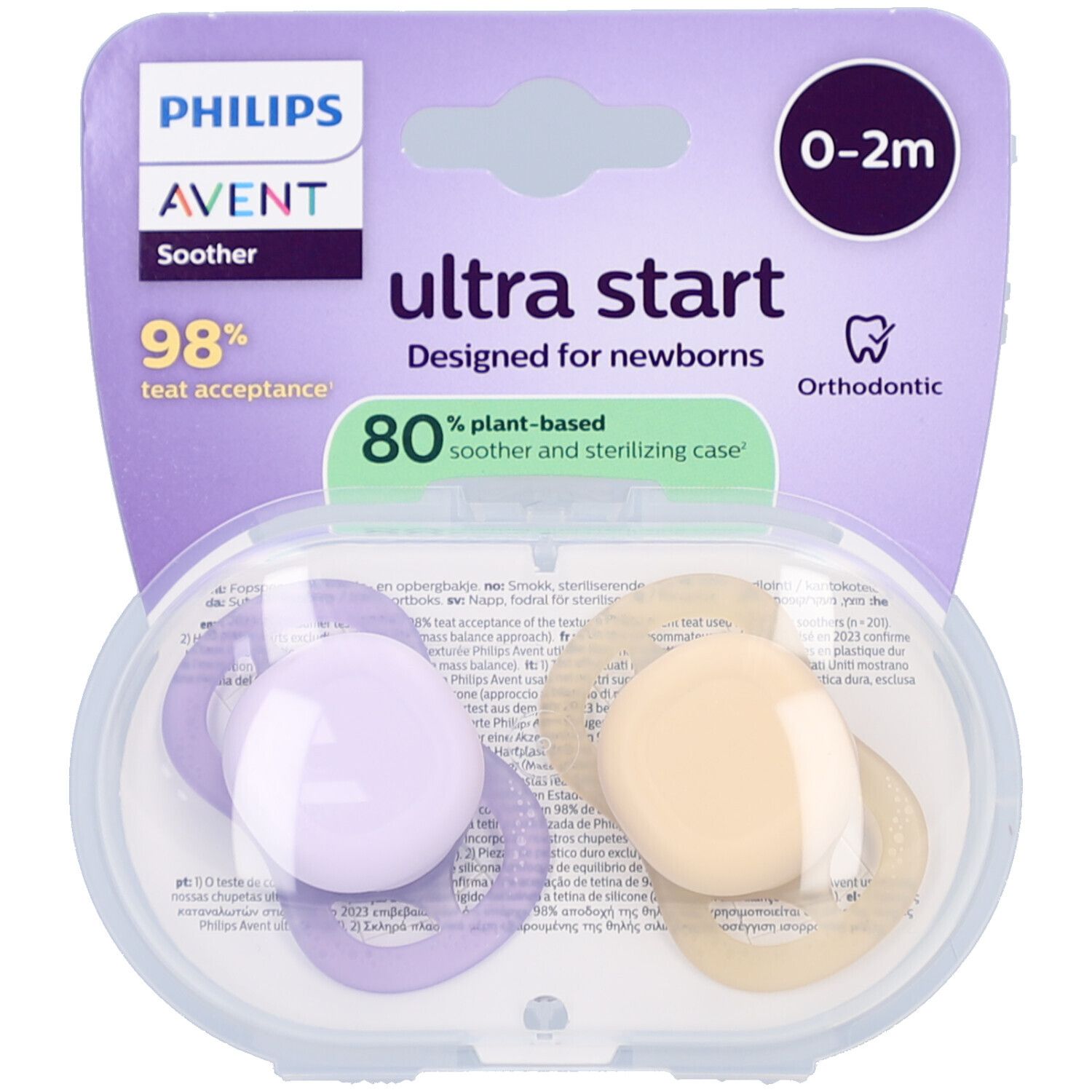 Emballage de deux sucettes Philips Avent Ultra Start. Violettes et crème. Pour nouveau-nés. 0-2 mois.