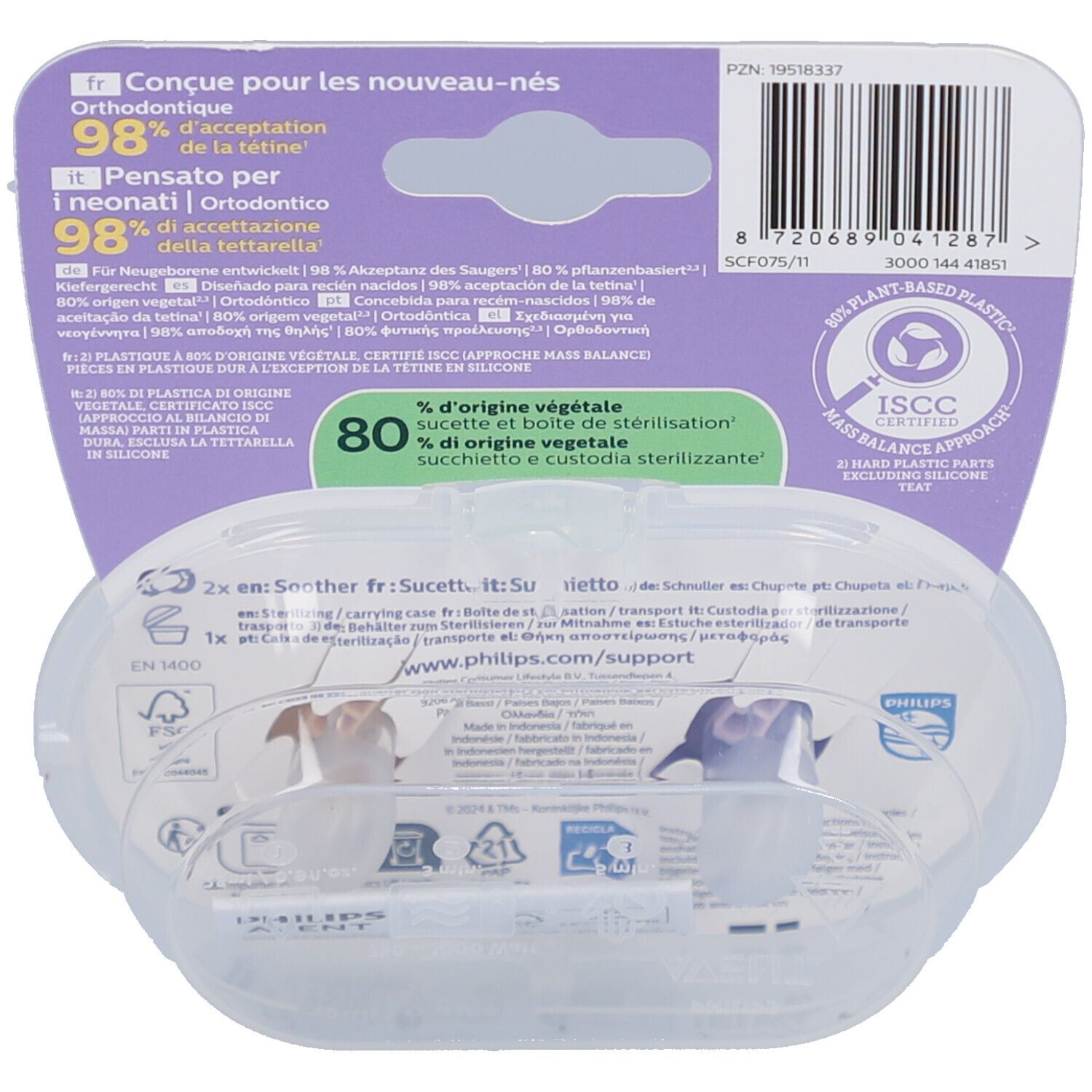 Dos de l'emballage avec informations produit. Contient deux sucettes dans une boîte de transport. Certification ISCC.