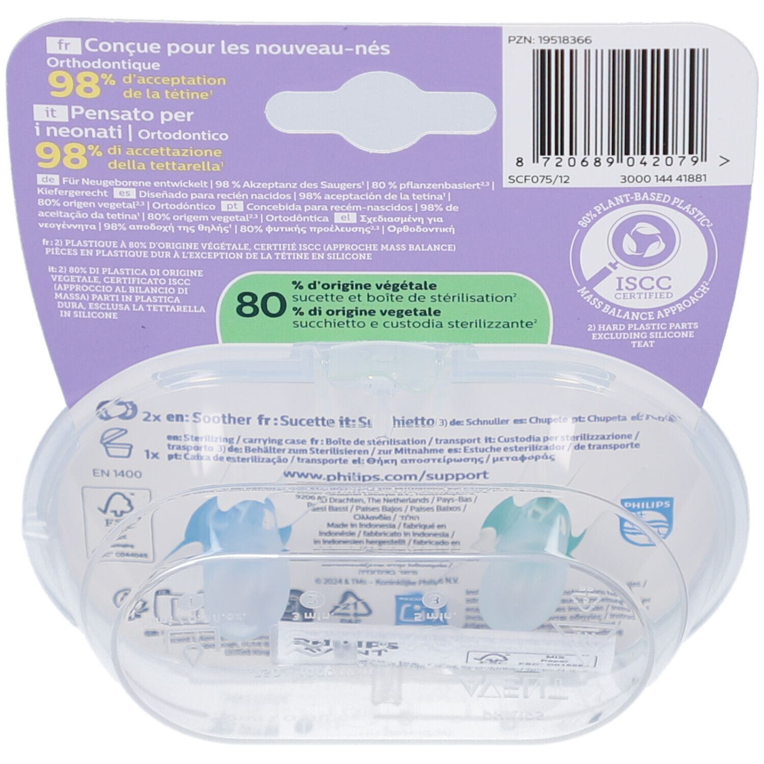 Achterkant van de verpakking met productinformatie. Twee fopspenen in een transparante hoes. Tekst en logo's.