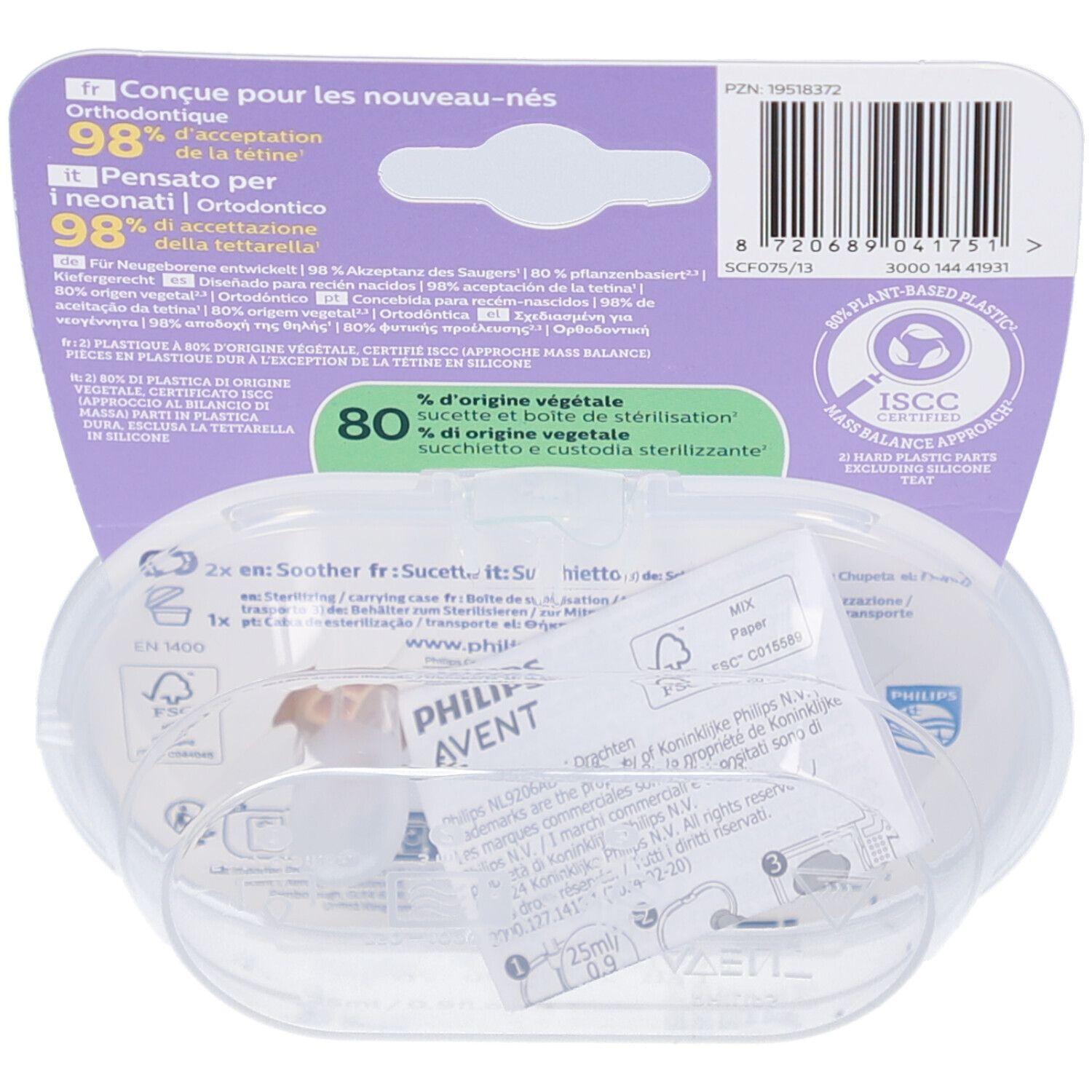 Dos de l'emballage avec informations produit. Étui transparent avec deux sucettes et accessoires. Certification ISCC.