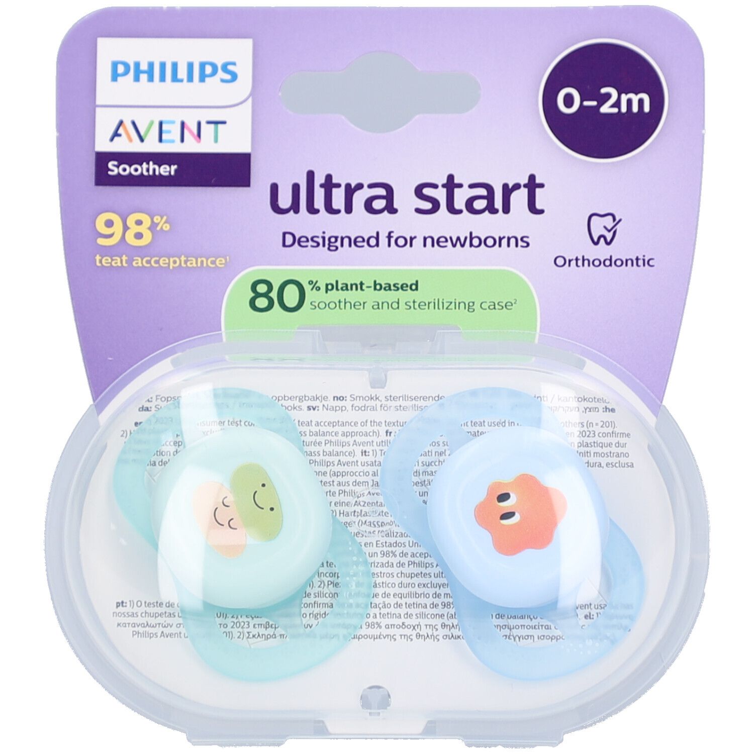 Deux sucettes bleues dans un étui transparent. Emballage avec nom et logo du produit. Recommandé pour les 0-2 mois.